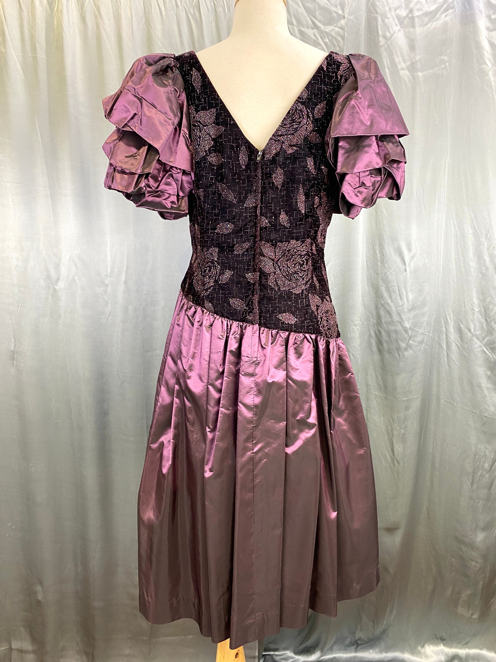 1980s Purple Velvet & Taffeta Prom/ Party Dress, Floral Sparkle Bodice, Bust 36