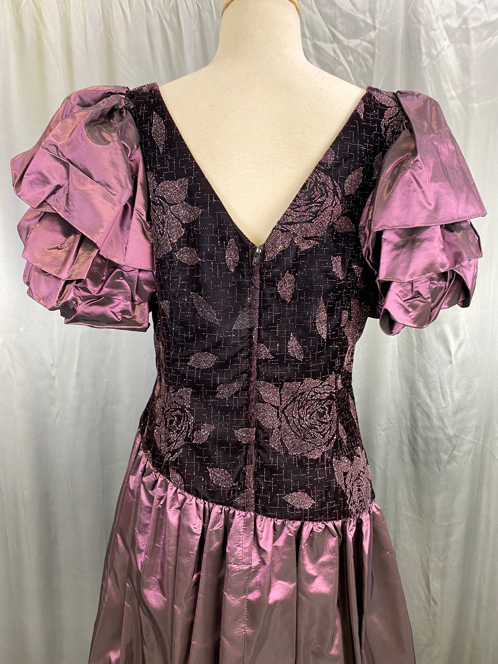 1980s Purple Velvet & Taffeta Prom/ Party Dress, Floral Sparkle Bodice, Bust 36