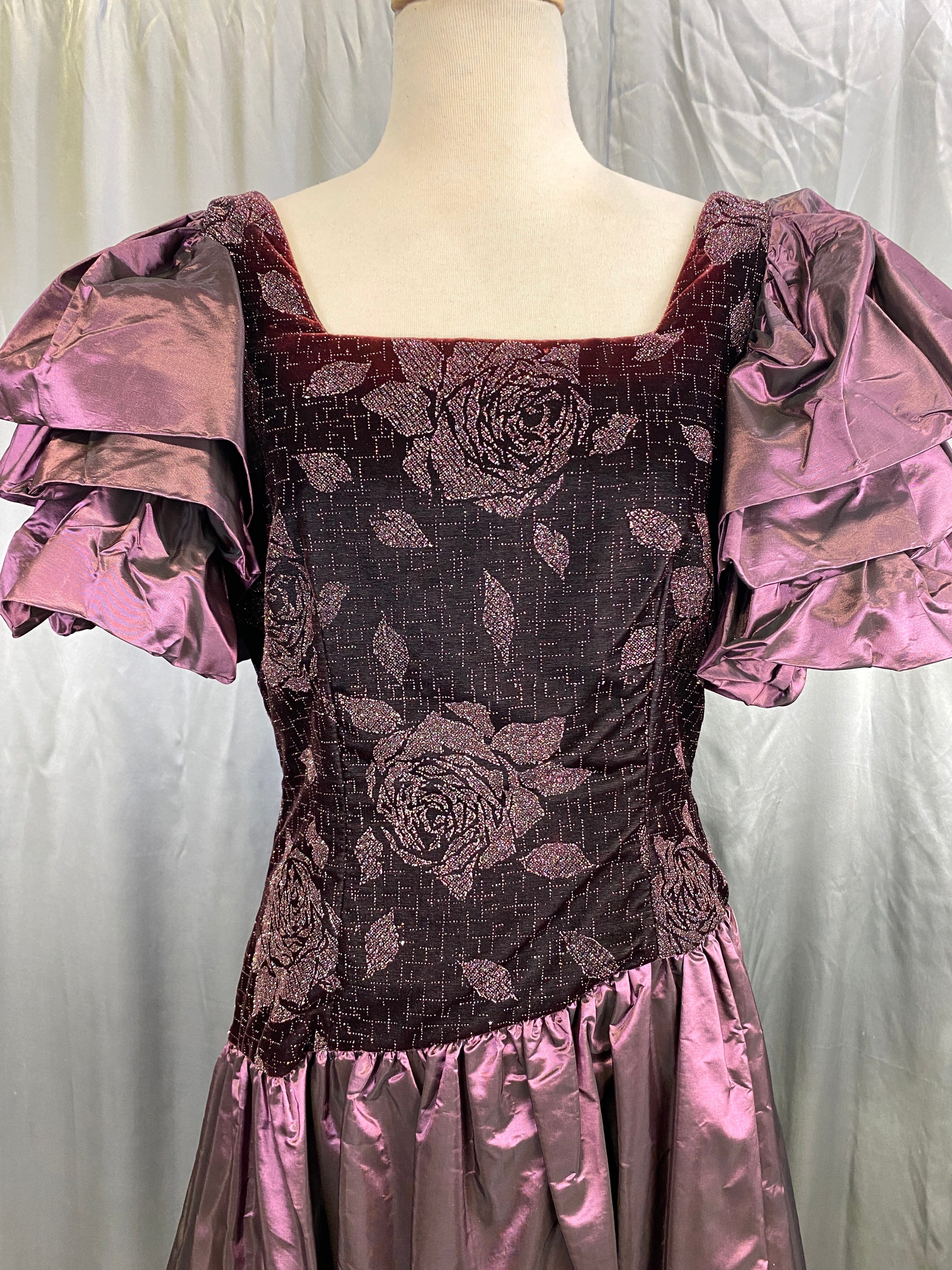 1980s Purple Velvet & Taffeta Prom/ Party Dress, Floral Sparkle Bodice,  Bust 36