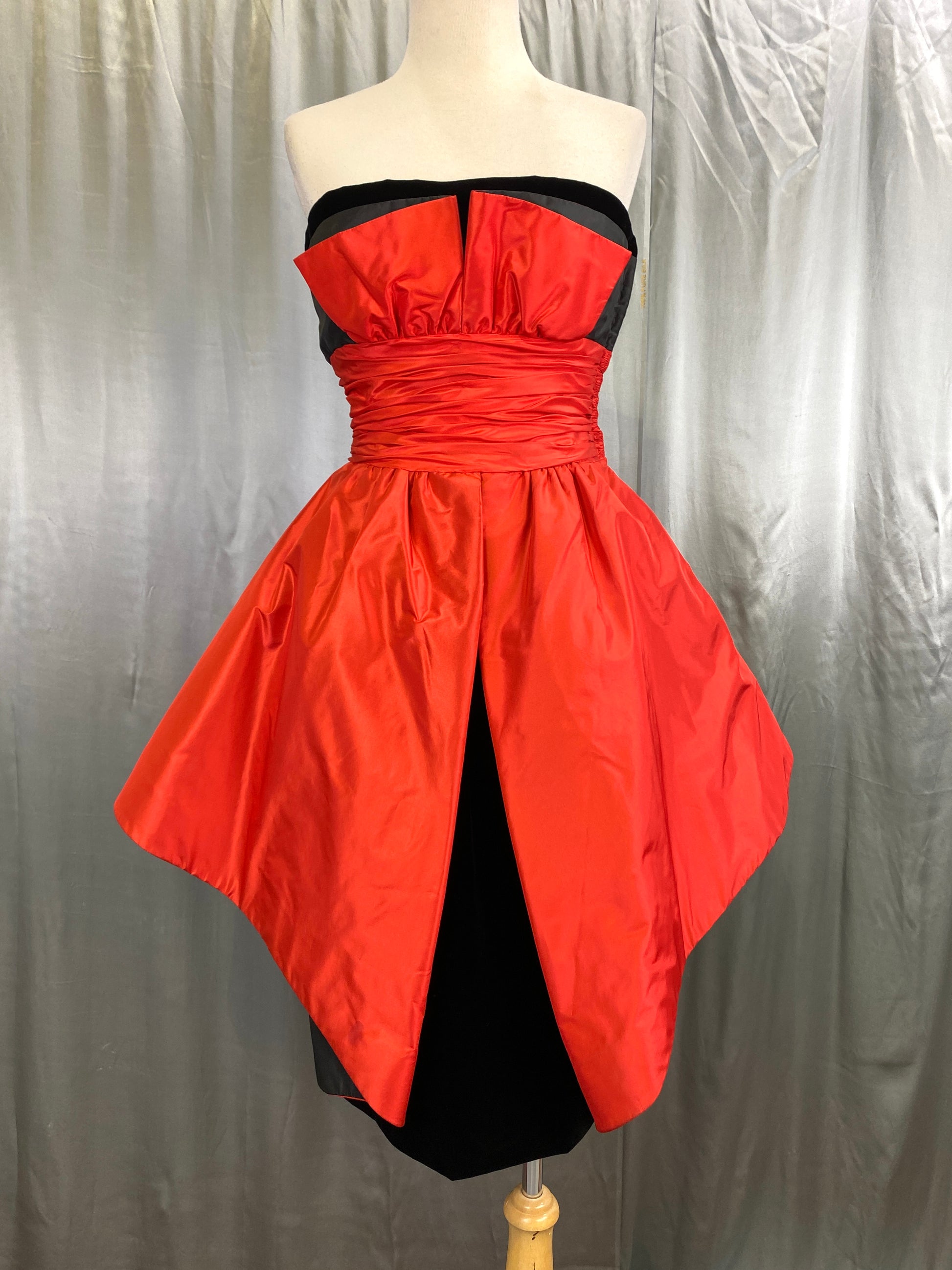 Vintage 1980s Strapless Black Velvet & Red Taffeta Evening Dress, Ann Lawrence, XS Vintage 1980s Strapless Black Velvet & Red Taffeta Evening Dress, Ann Lawrence, XS