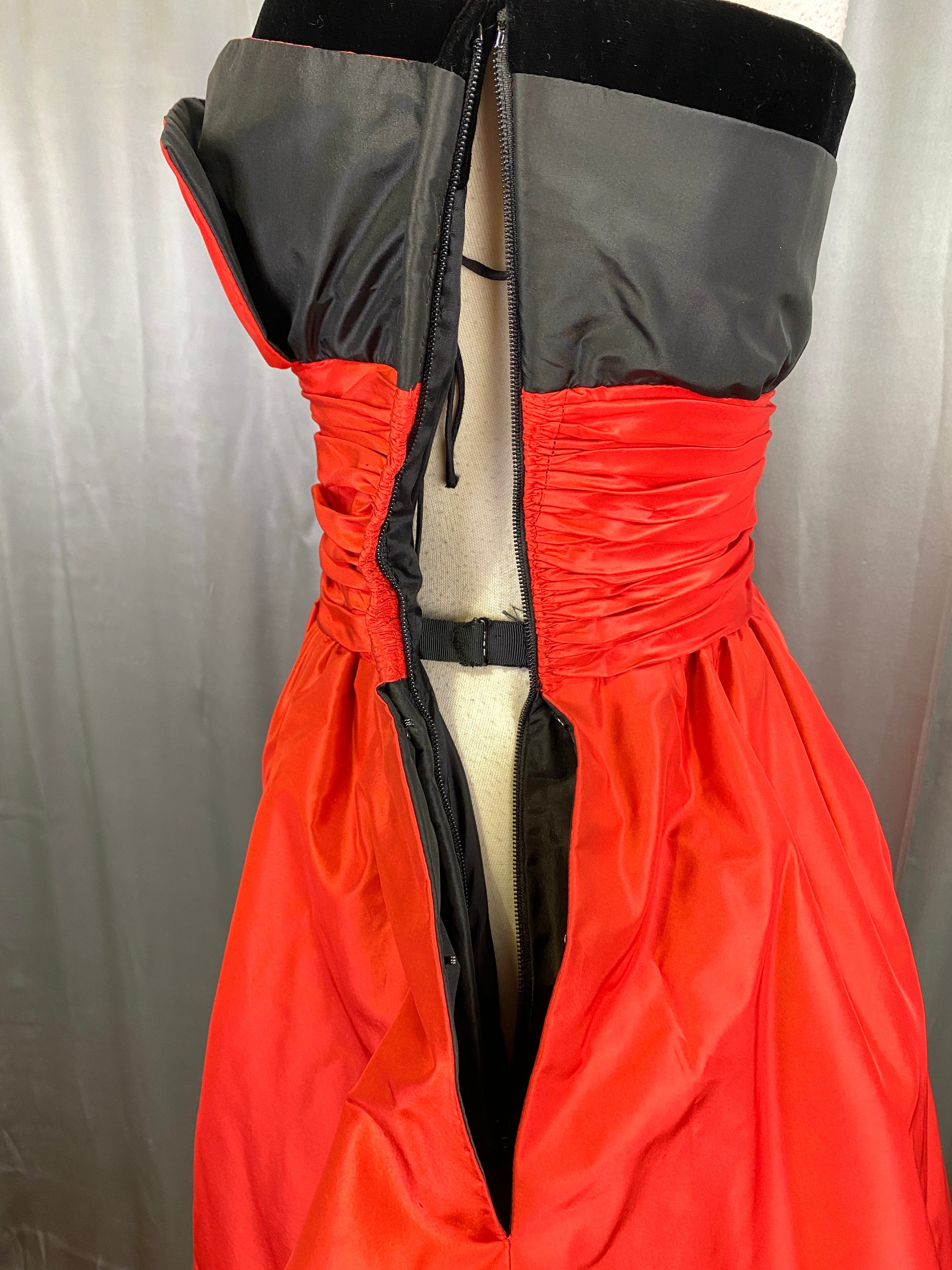 Vintage 1980s Strapless Black Velvet & Red Taffeta Evening Dress, Ann Lawrence, XS Vintage 1980s Strapless Black Velvet & Red Taffeta Evening Dress, Ann Lawrence, XS