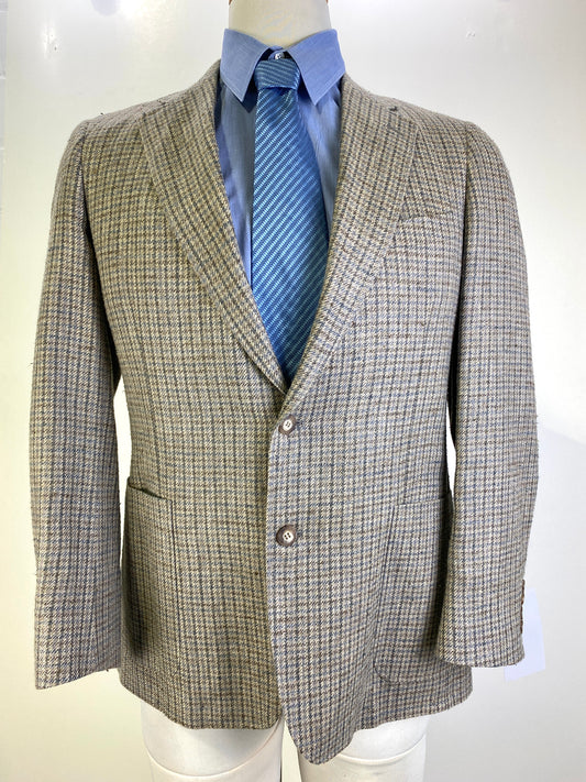 Early 1980s Vintage Beige Blue Silk Blend Blazer, Men's Houndstooth Jacket, Samuelsohn, C40