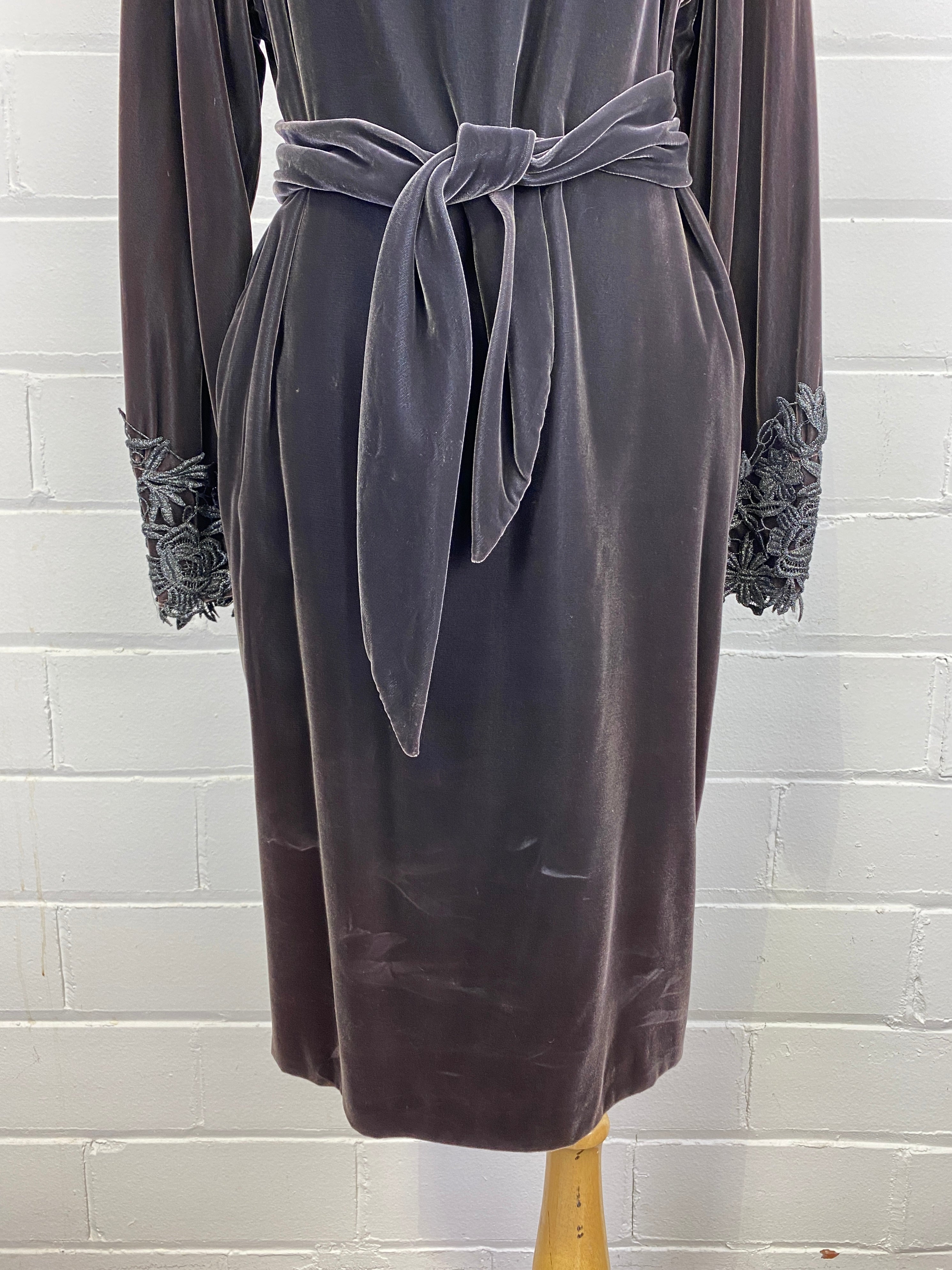 Vintage 1980s Silver-Grey Velvet Appliqué Evening Dress, Giorgio