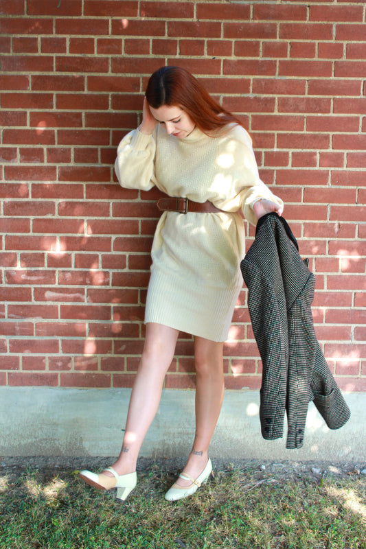 Vintage 1980s Cream Angora Knit Cowl Neck Sweater Dress, Medium