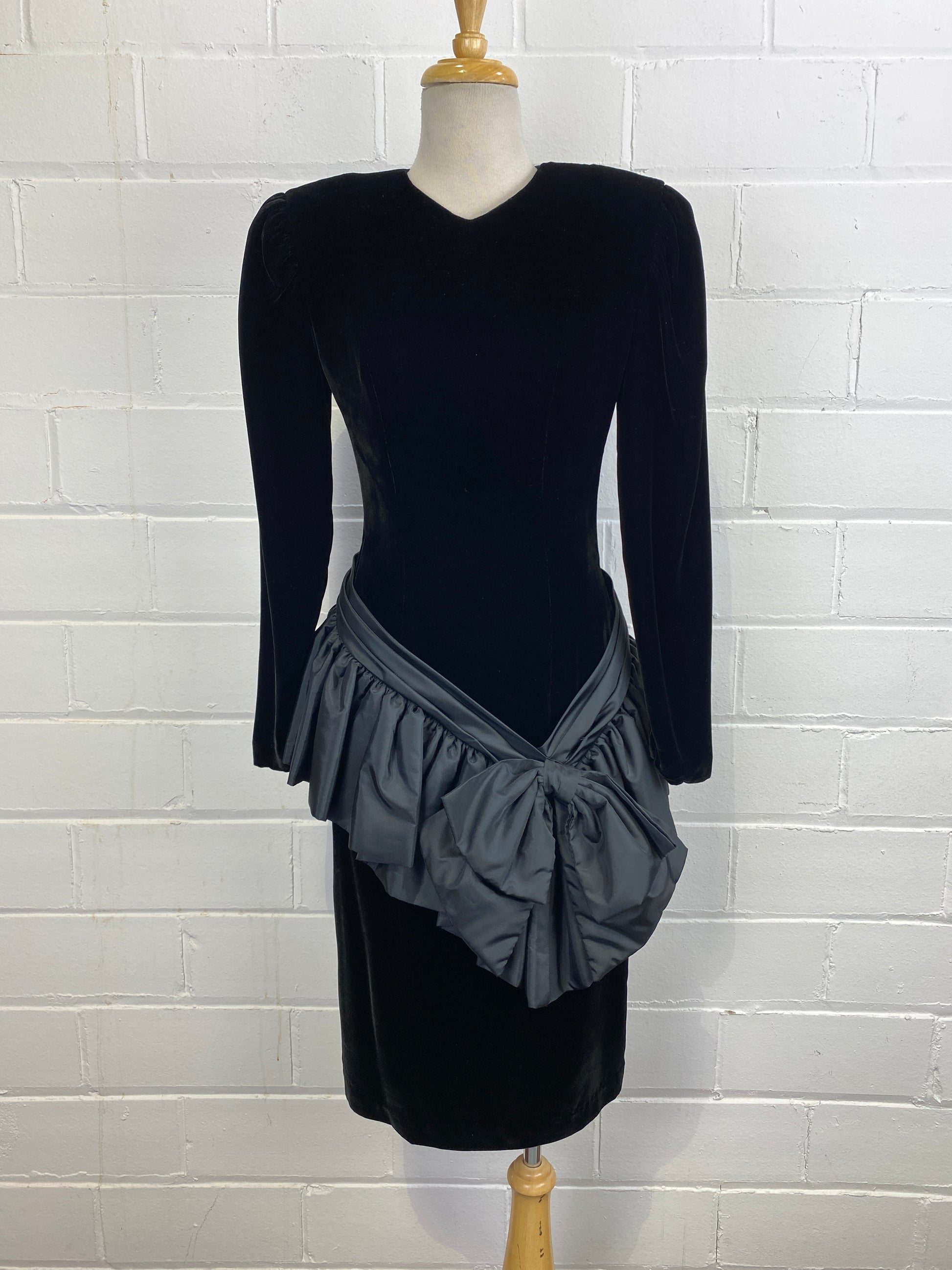 Vintage 1980s Black Long Sleeve Velvet Cocktail Dress with Taffeta Bow, Wayne Clark, Small Vintage 1980s Black Long Sleeve Velvet Cocktail Dress with Taffeta Bow, Wayne Clark, Small