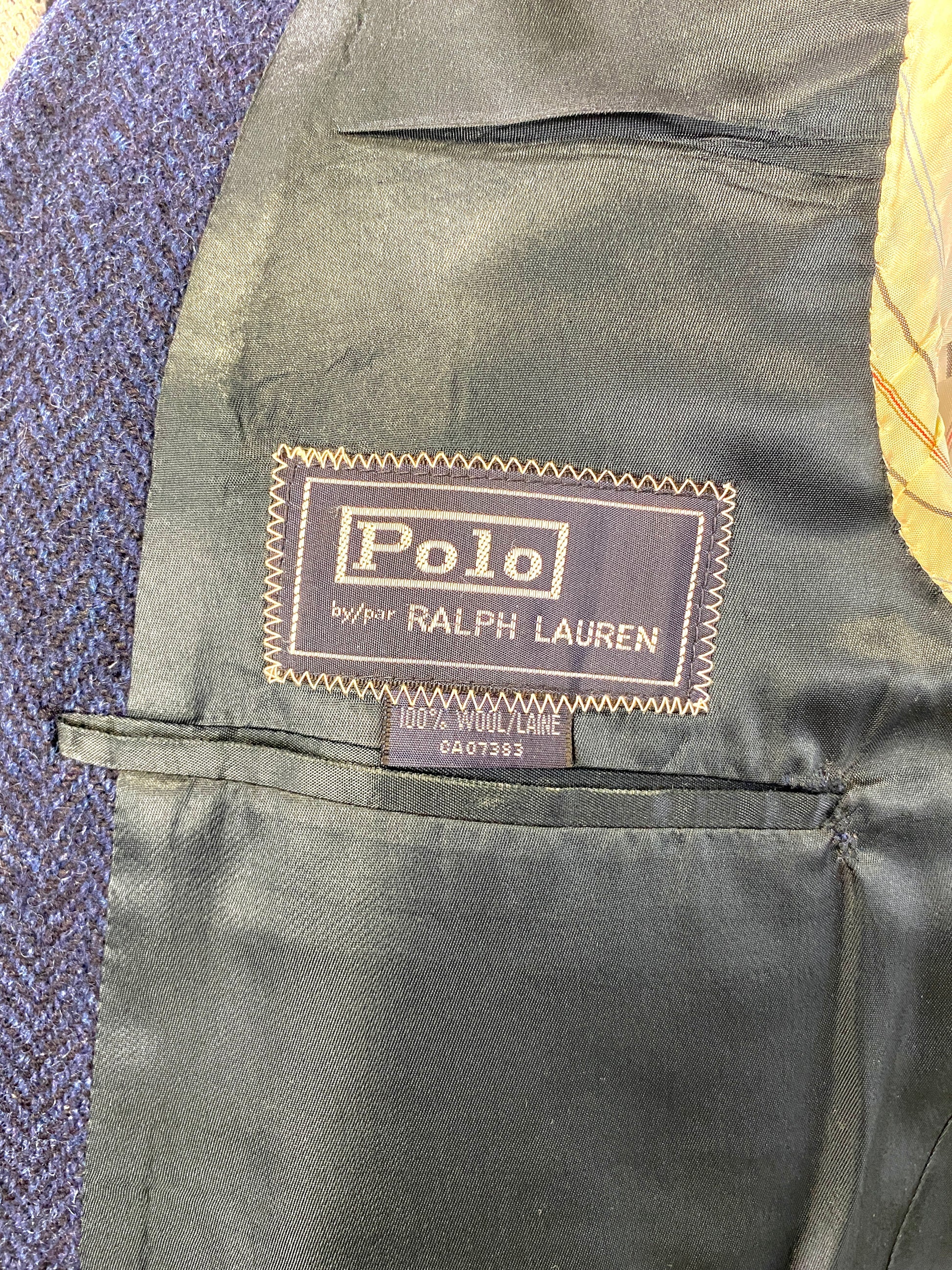 1980s Vintage Wool Herringbone Navy Men's Blazer, Polo Ralph Lauren Pocket Crest, C42S