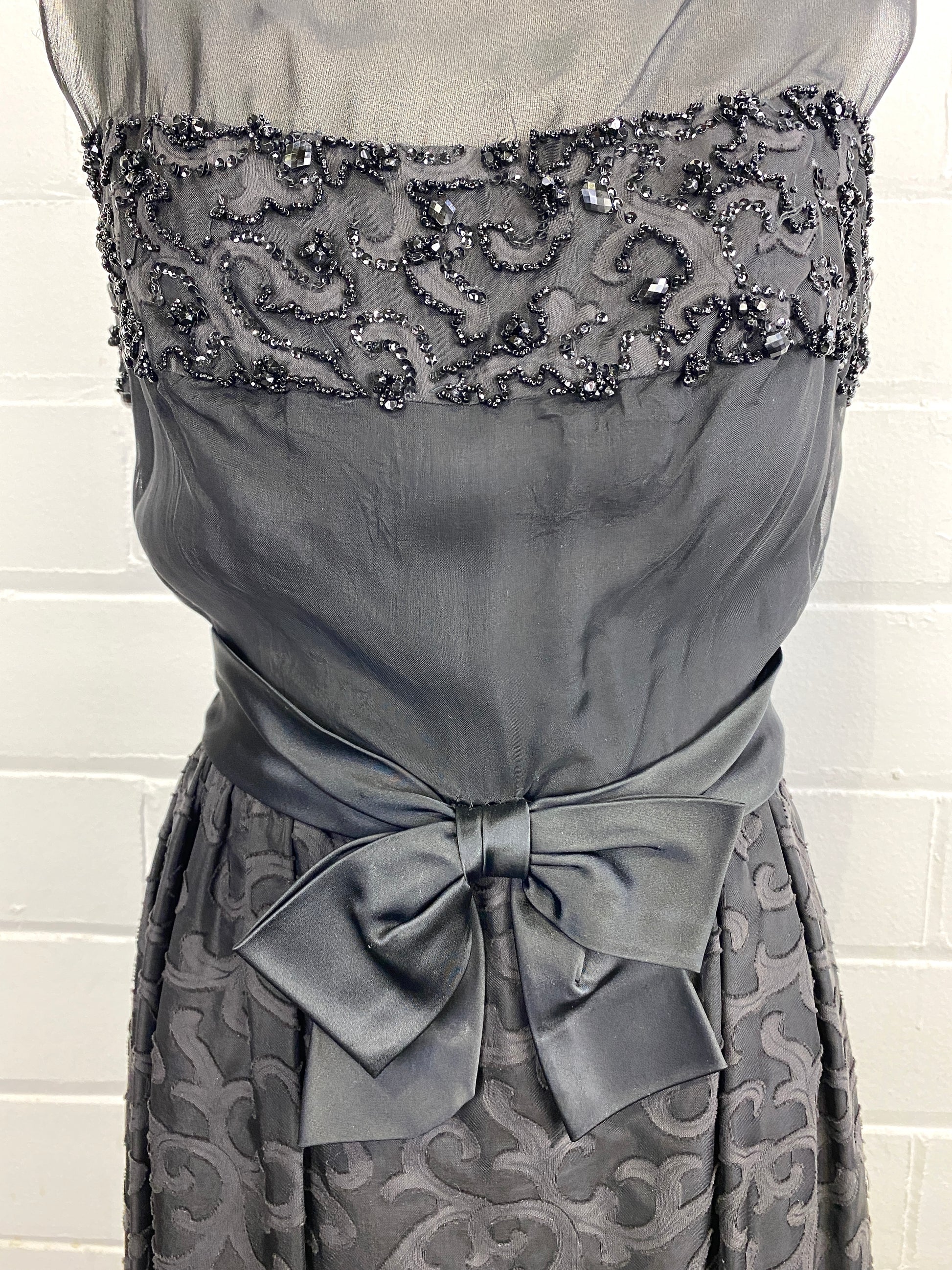 Vintage 1960s Black Beaded Brocade Cocktail Dress, Small Vintage 1960s Black Beaded Brocade Cocktail Dress, Small