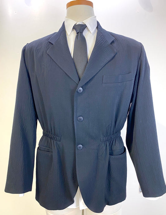 1980s Vintage Men's Black Wool Blazer, French Elastic-Waist Jacket, C40