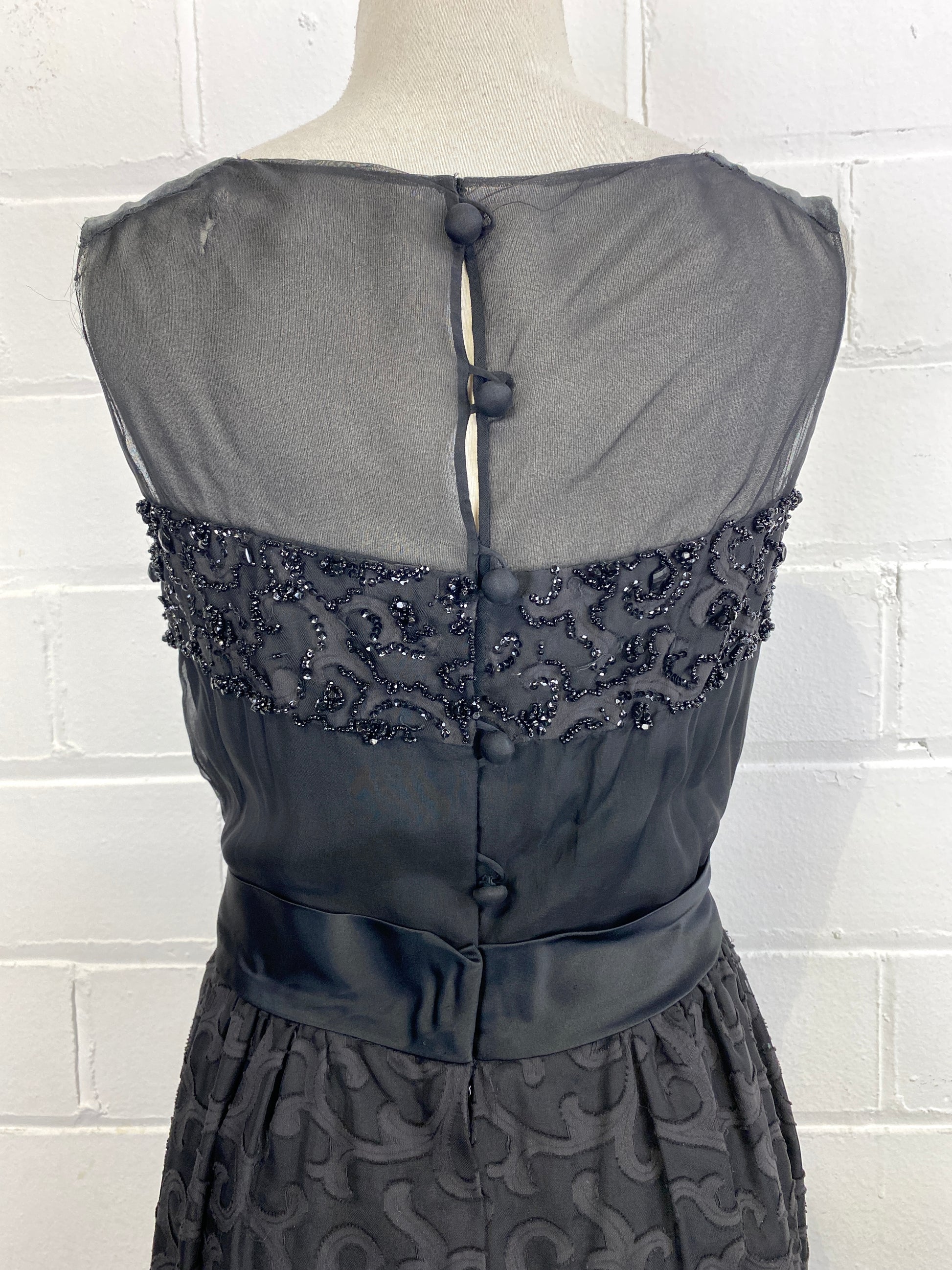 Vintage 1960s Black Beaded Brocade Cocktail Dress, Small Vintage 1960s Black Beaded Brocade Cocktail Dress, Small