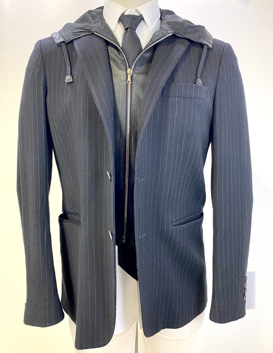 1990s Vintage Black Pinstripe Men's Blazer, Leather Zip Hoody Attachment, John Richmond, C40