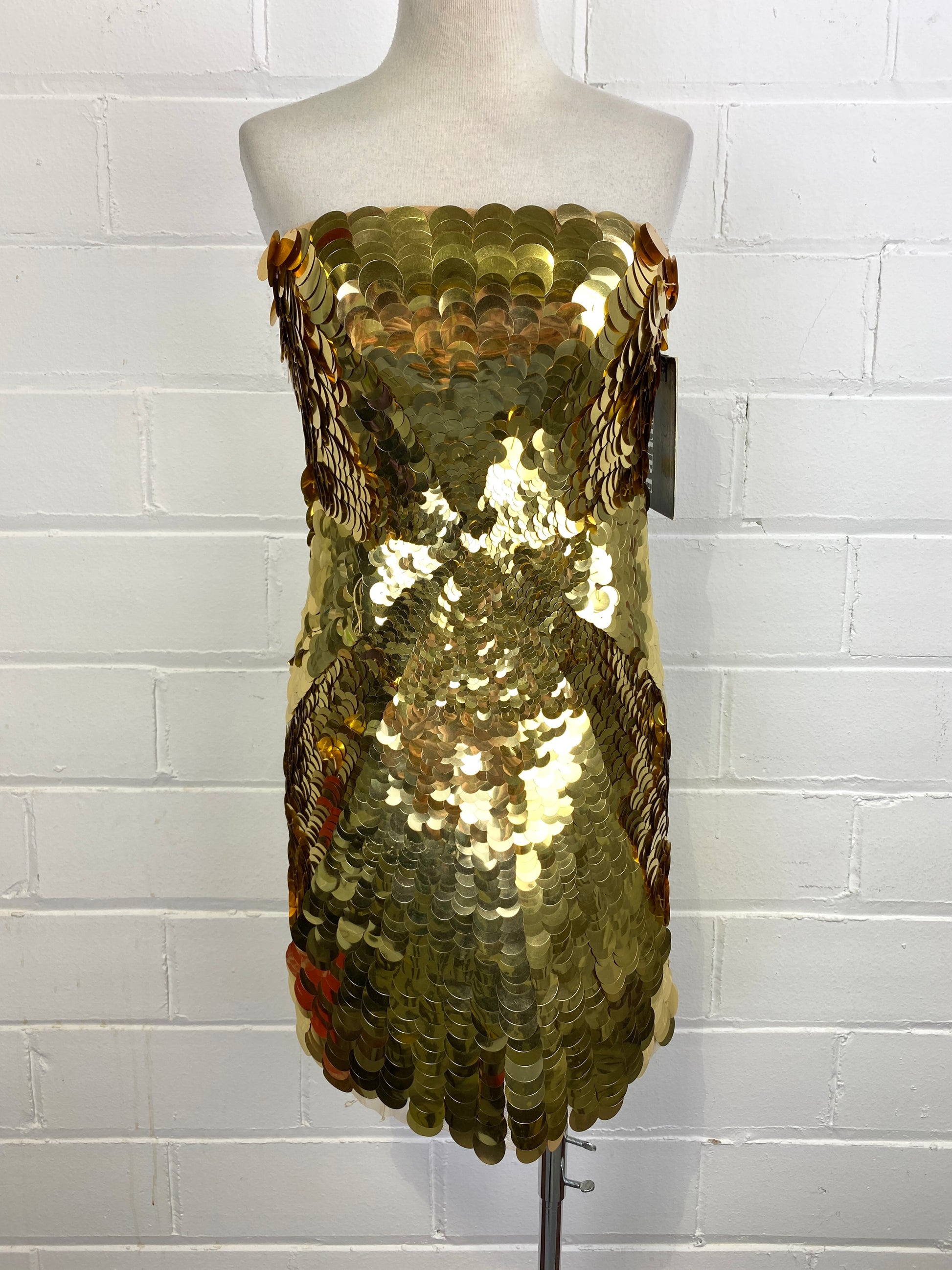 2010s Gold Sequin Strapless Party Dress, Cassandra Stone/ MacDuggal Couture, Size 6 2010s Gold Sequin Strapless Party Dress, Cassandra Stone/ MacDuggal Couture, Size 6