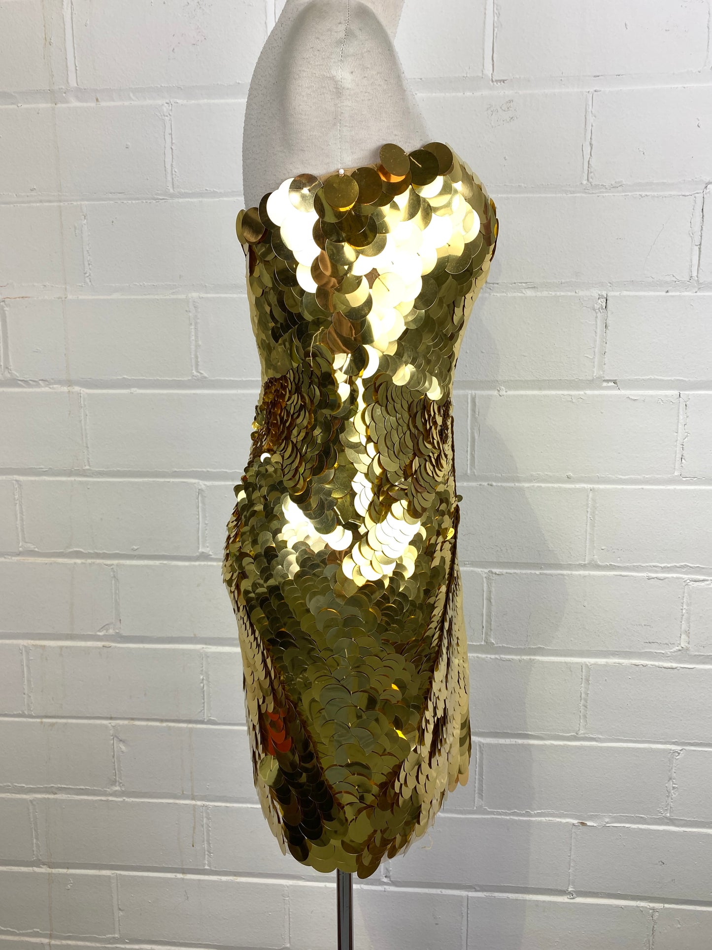 Gold Sequin Strapless Party Dress, Cassandra Stone/ MacDuggal Couture, Size 6