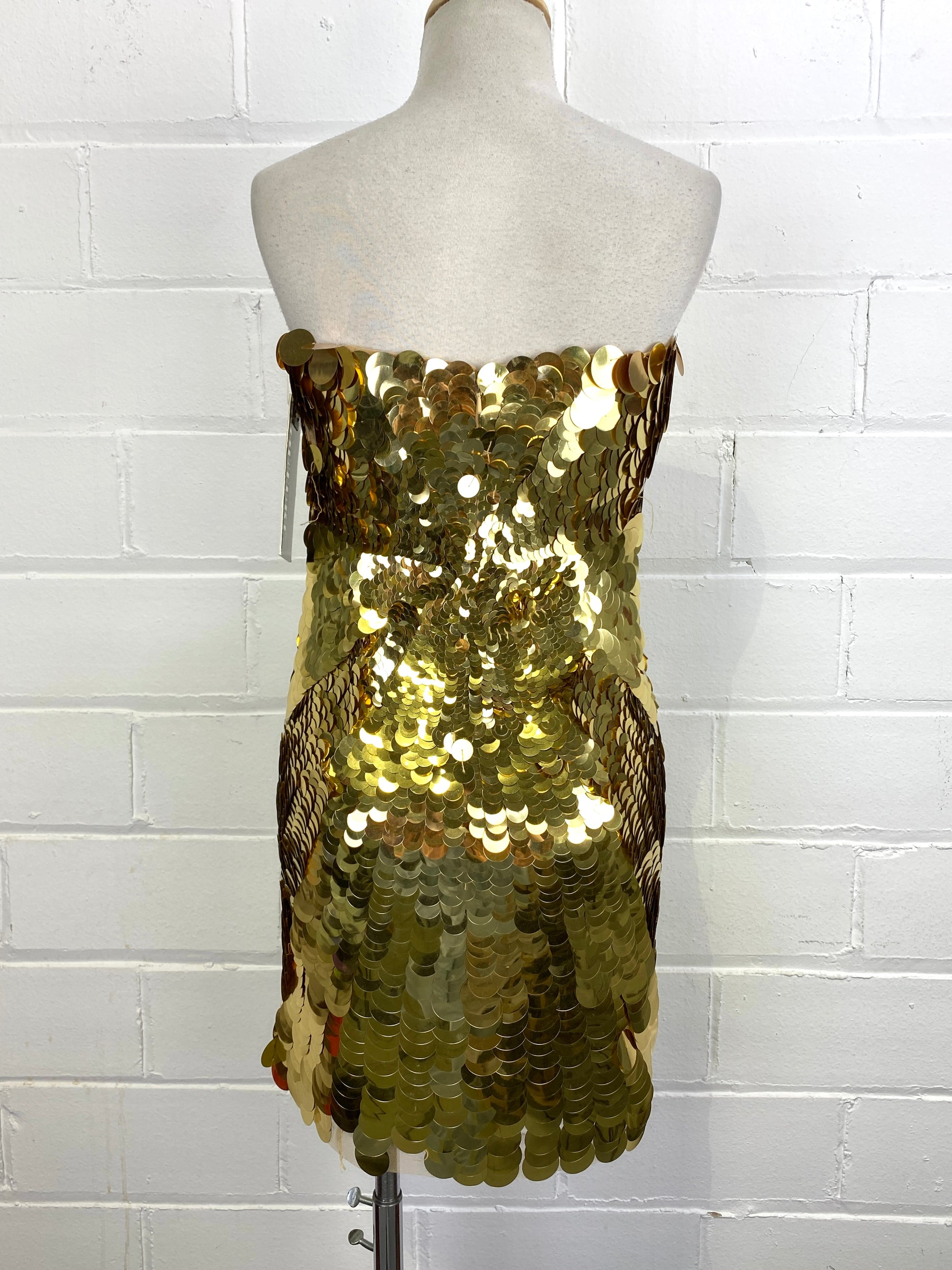 Gold Sequin Strapless Party Dress, Cassandra Stone/ MacDuggal Couture, Size 6