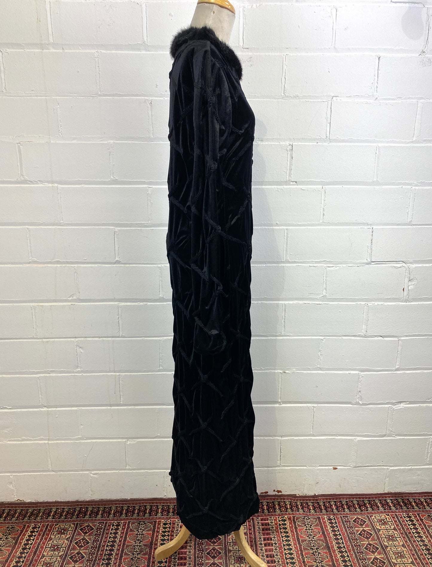 Vintage 1990s Black Long Sleeve Velveteen Bodycon Maxi Dress, Faux Fur Collar, Med