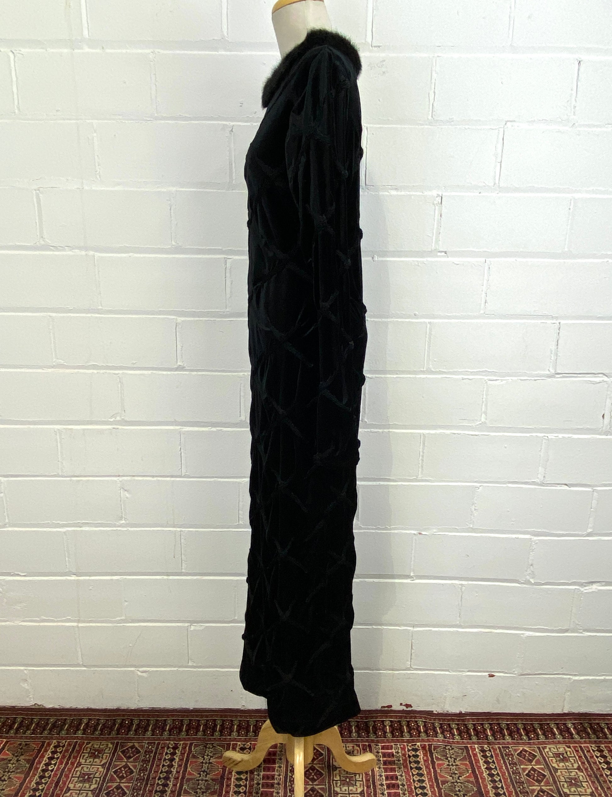 Vintage 1990s Black Long Sleeve Velveteen Bodycon Maxi Dress, Faux Fur Collar, Med
