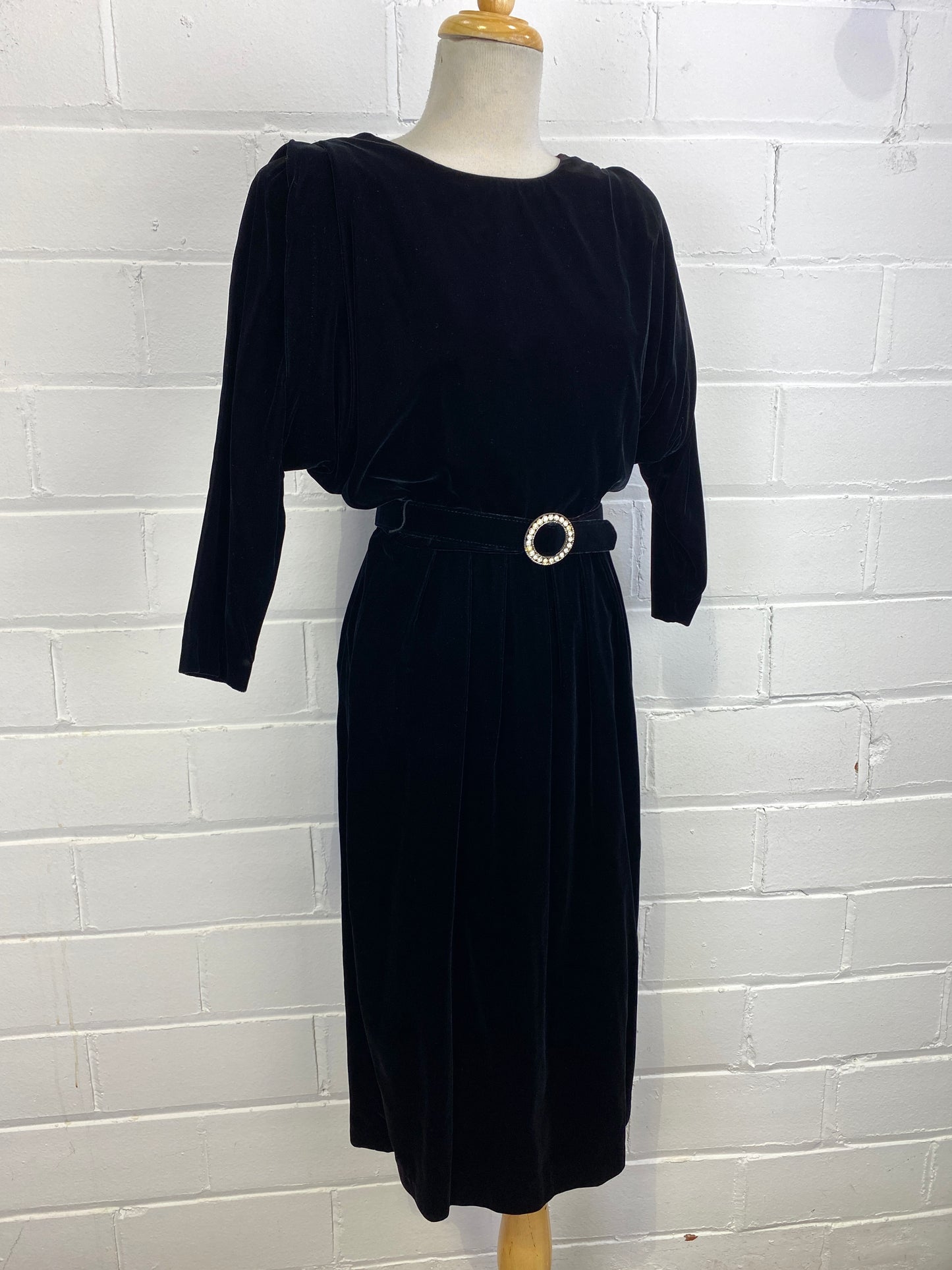 Vintage 1980s Black Velvet Cocktail Dress with Art Deco Diamanté Belt, W26"