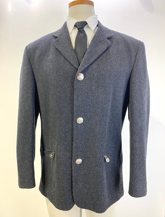 1990s Vintage Grey Wool Twill Men's Blazer, Versace Jeans Couture Jacket, Medusa Buttons, C42