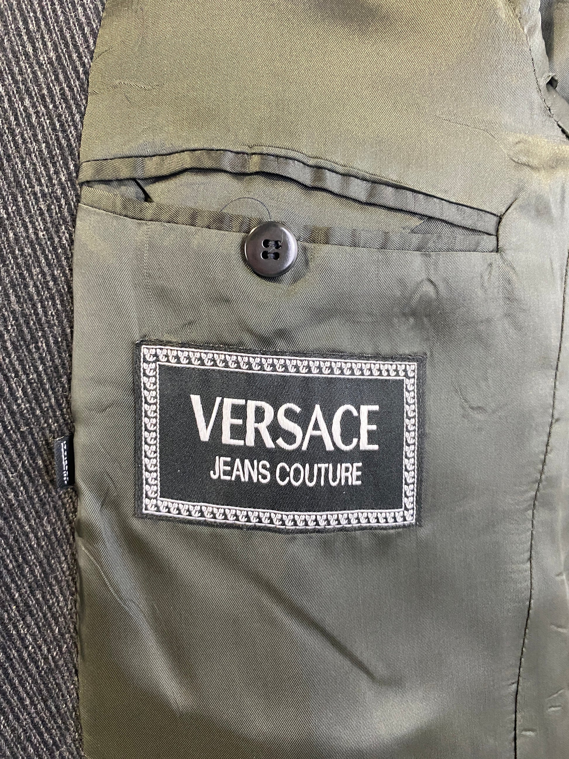 1990s Vintage Grey Wool Twill Men's Blazer, Versace Jeans Couture Jacket, Medusa Buttons, C42