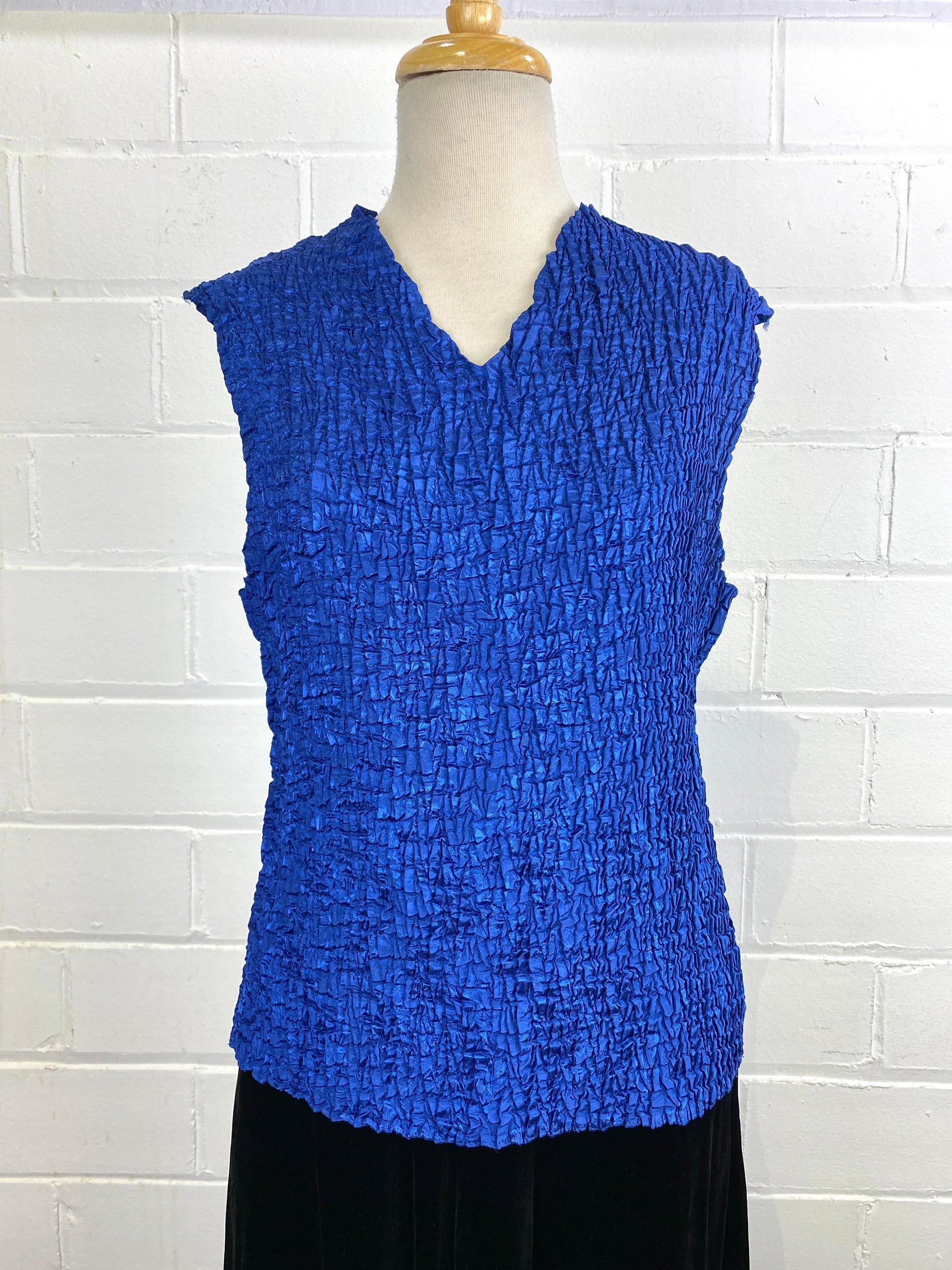 Vintage 1990s Royal Blue Stretchy Shirred Satin Sleeveless Top, L