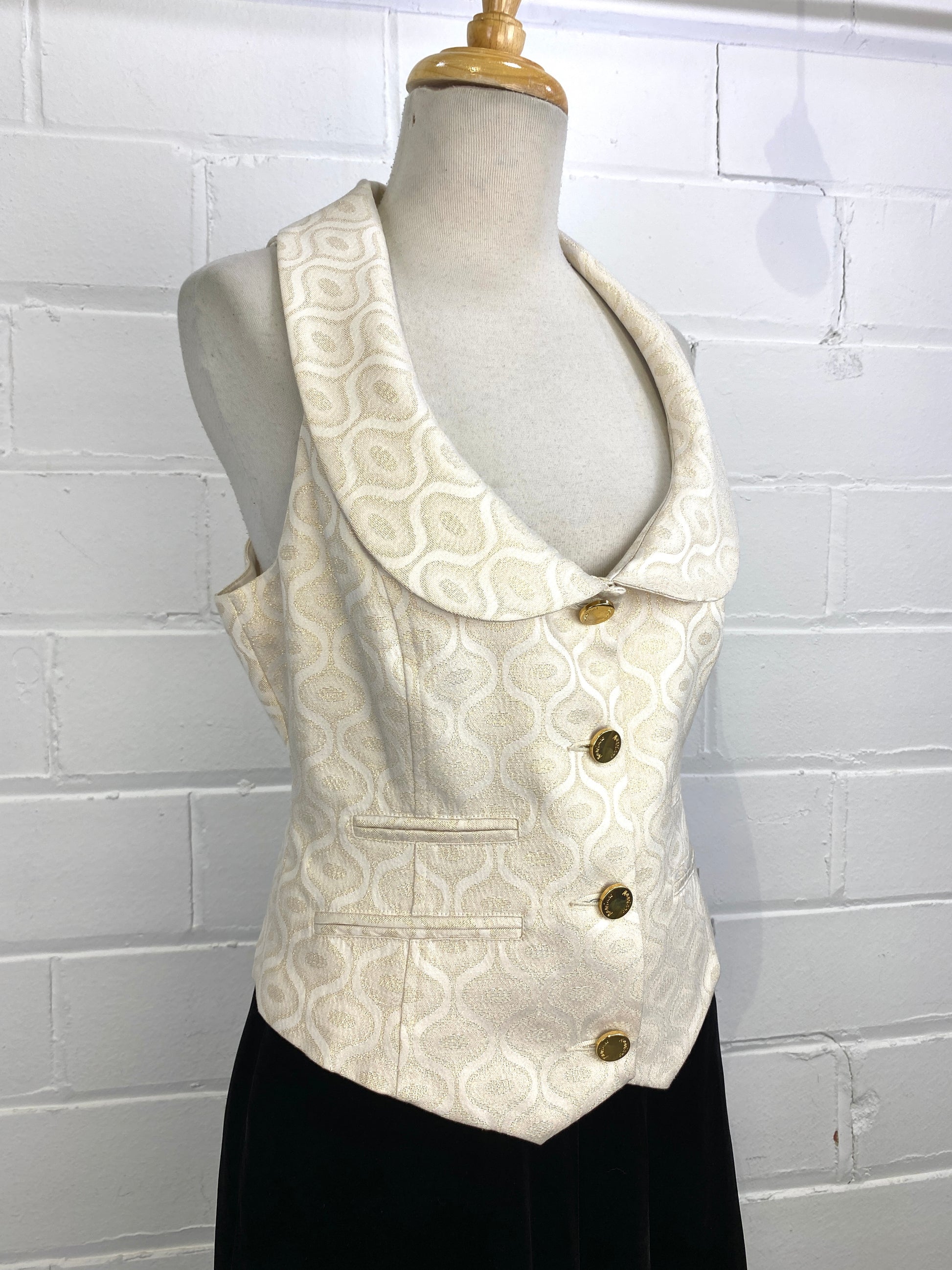 Vintage Y2K Cream & Gold Metallic Vest/ Waistcoat with Ogee Pattern, New With Tags, Med