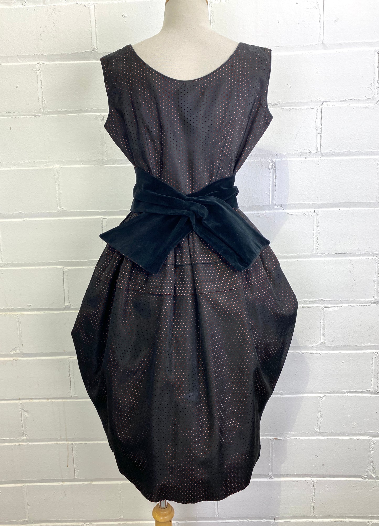 1950s vintage sack silhouette dress, vintage black with velvet belt and fitted waist 