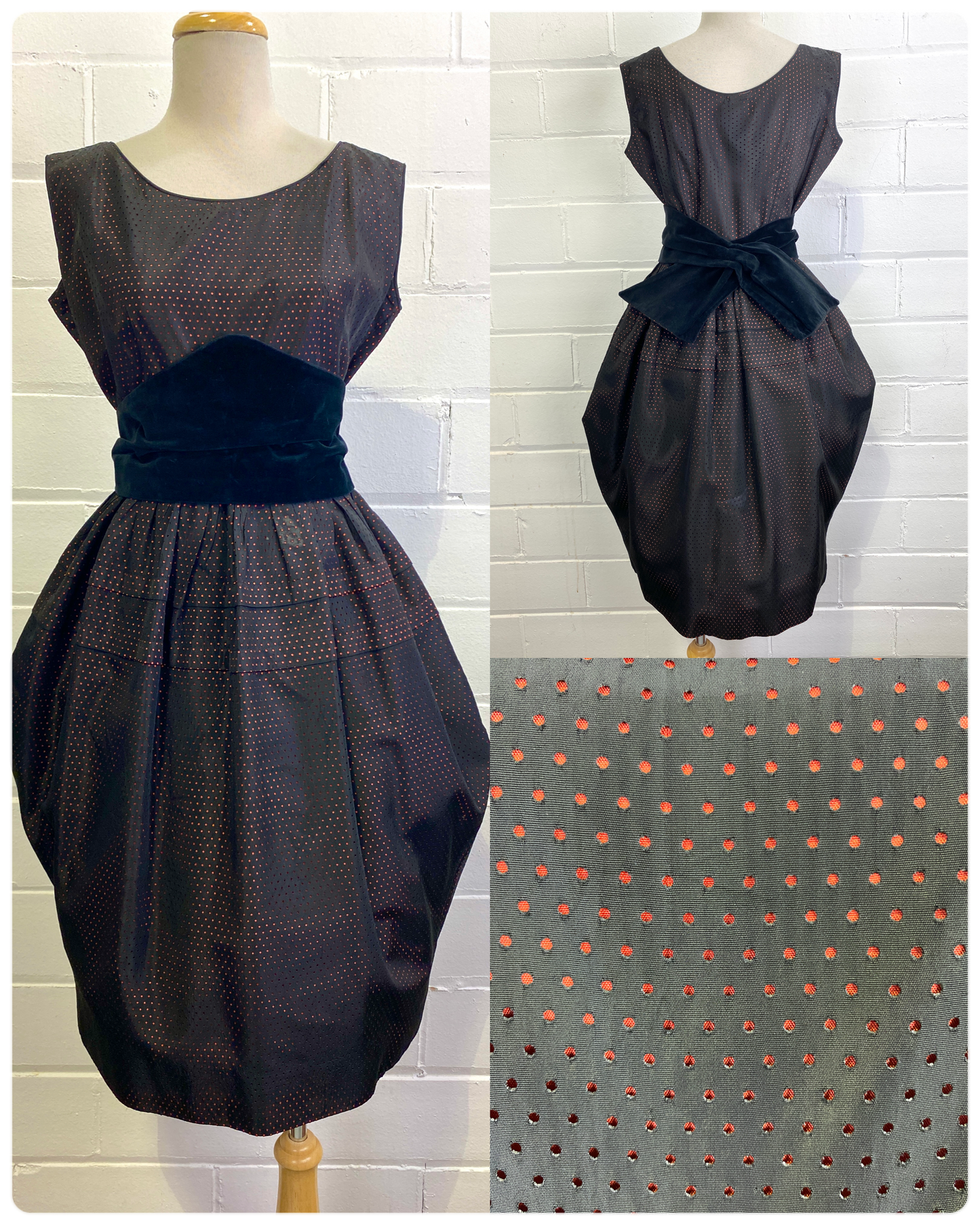 1950s vintage sack silhouette dress, vintage black with velvet belt and fitted waist 