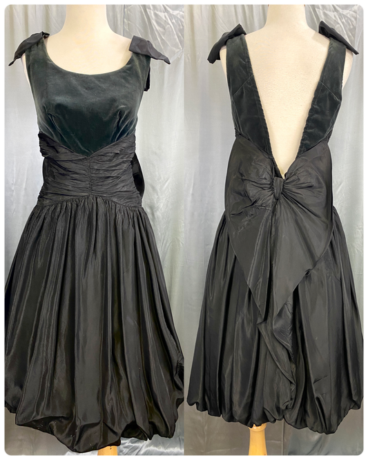 Vintage 1950s Black/ Green Velour Taffeta Balloon Skirt Dress with Bows, W26"