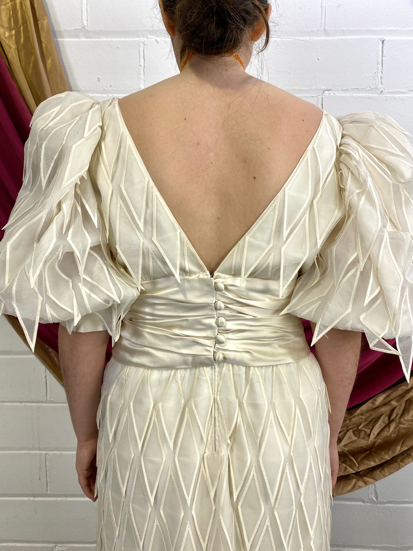 Vintage 1980s White Diamond Petal Puff Sleeve Gown, Medium 