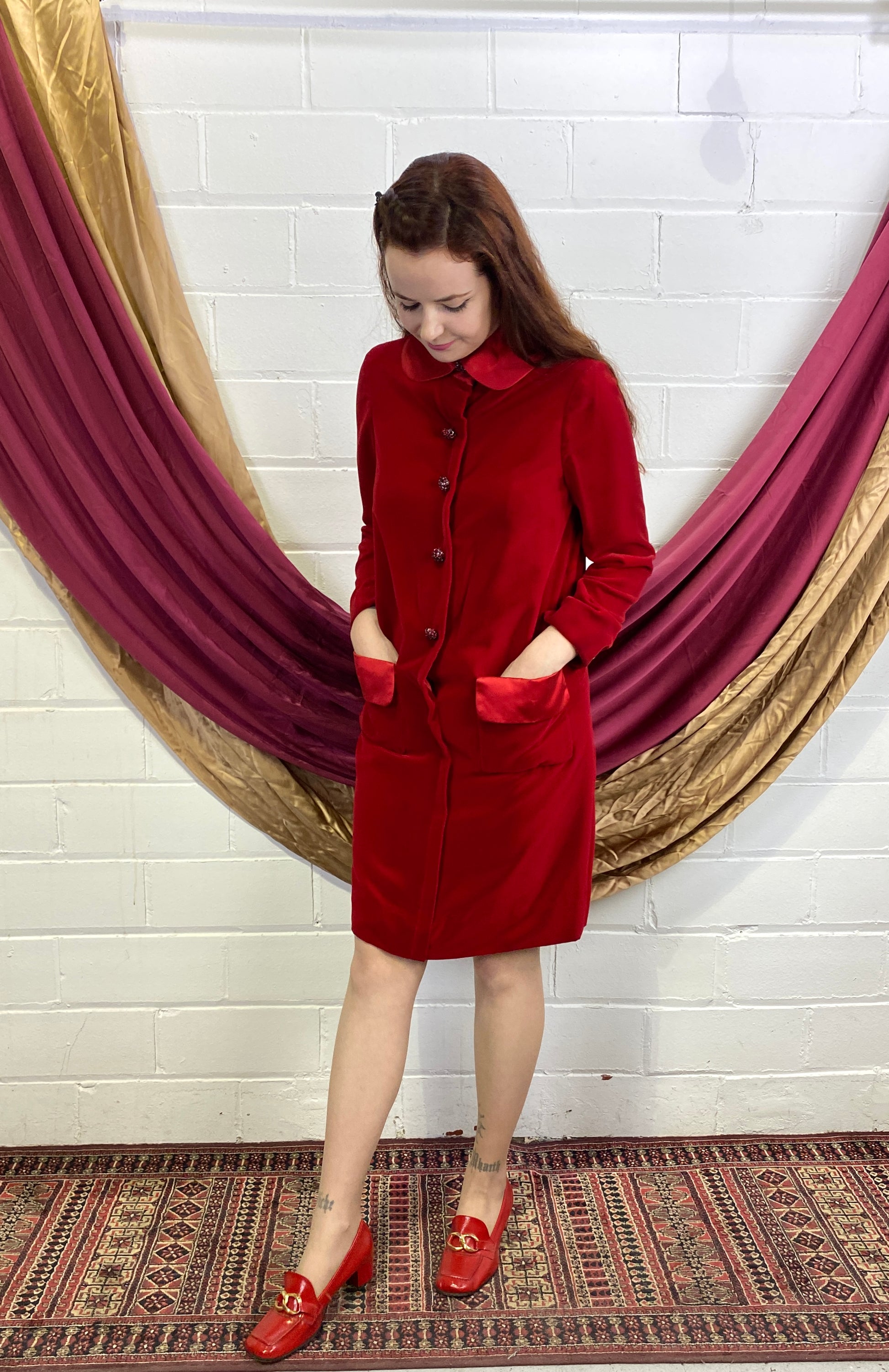 1960s Red Velvet Dress with Peter Pan Collar, Medium 1960s Red Velvet Dress with Peter Pan Collar, Medium