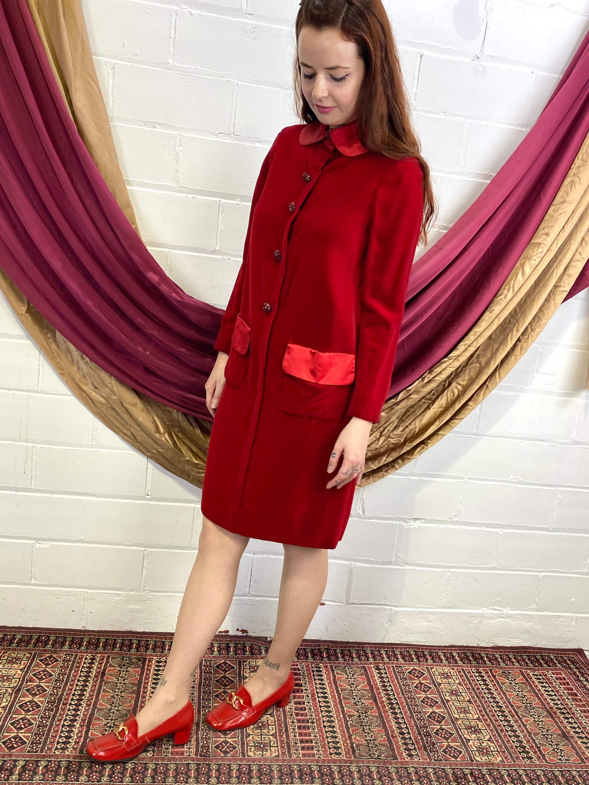 1960s Red Velvet Dress with Peter Pan Collar, Medium 1960s Red Velvet Dress with Peter Pan Collar, Medium