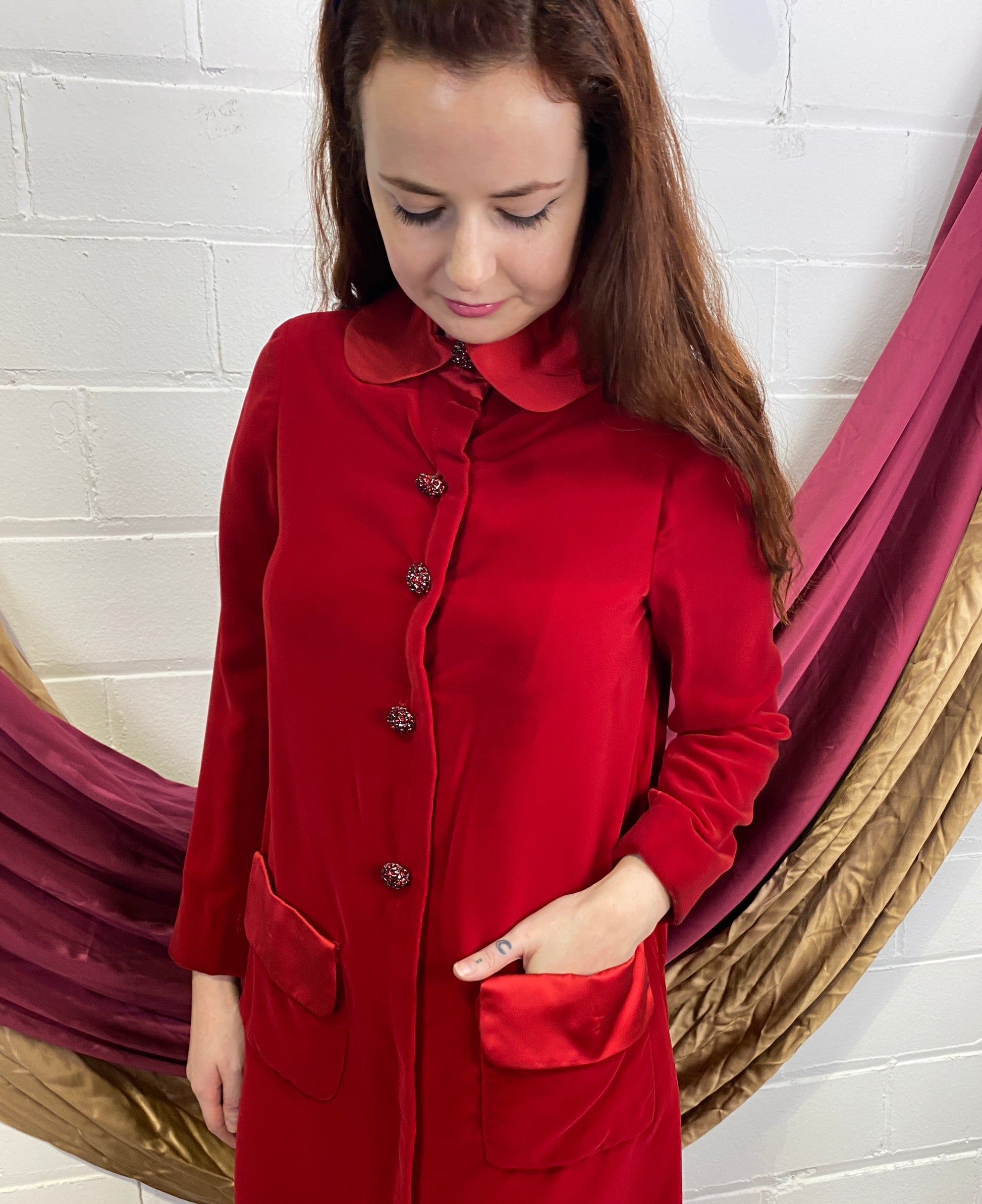 red peter pan collar dress 1960s Red Velvet Dress with Peter Pan Collar, Medium