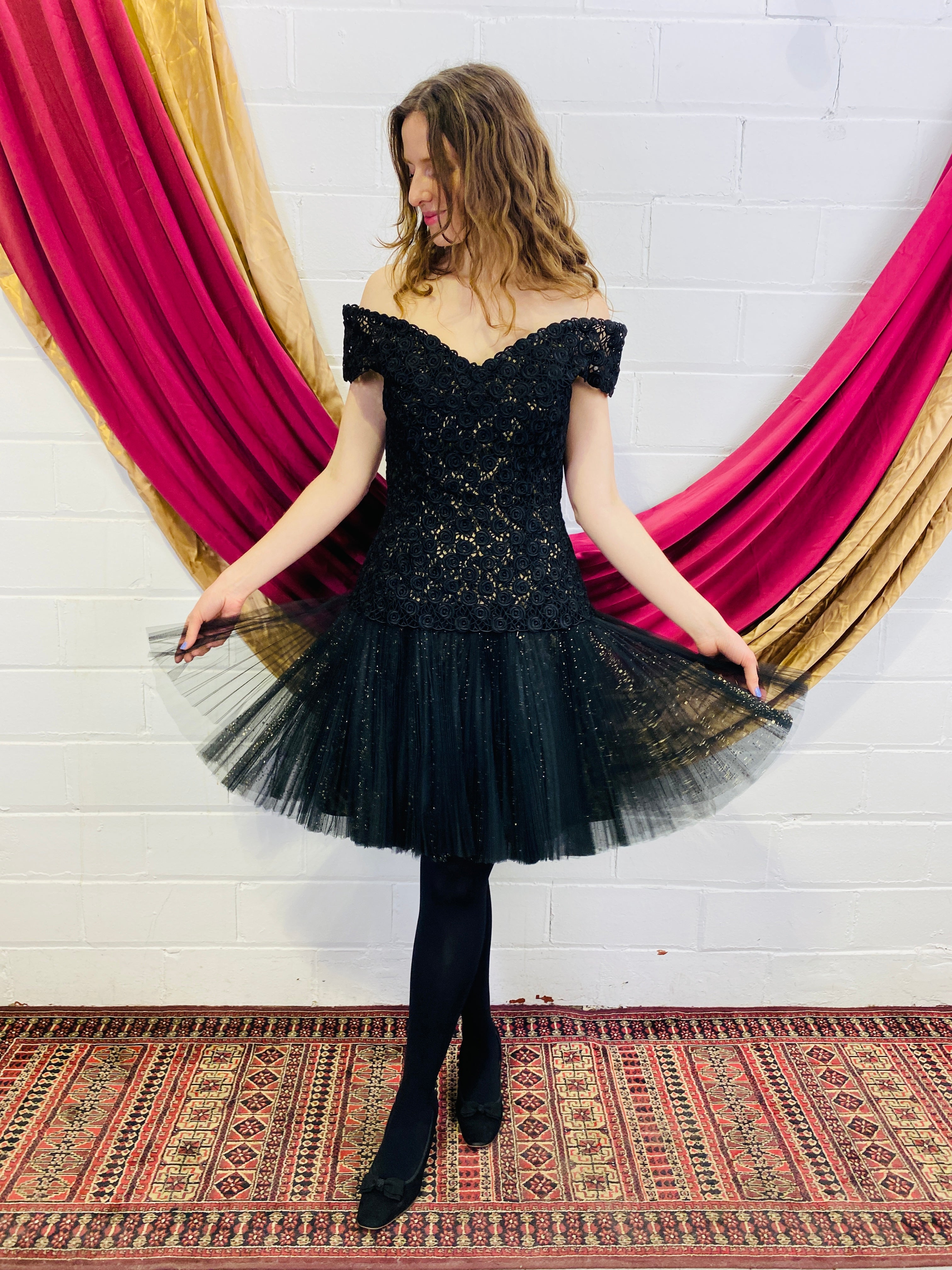 Vintage 1980s Black Pleated Tulle Drop-Waist Party Dress with ...