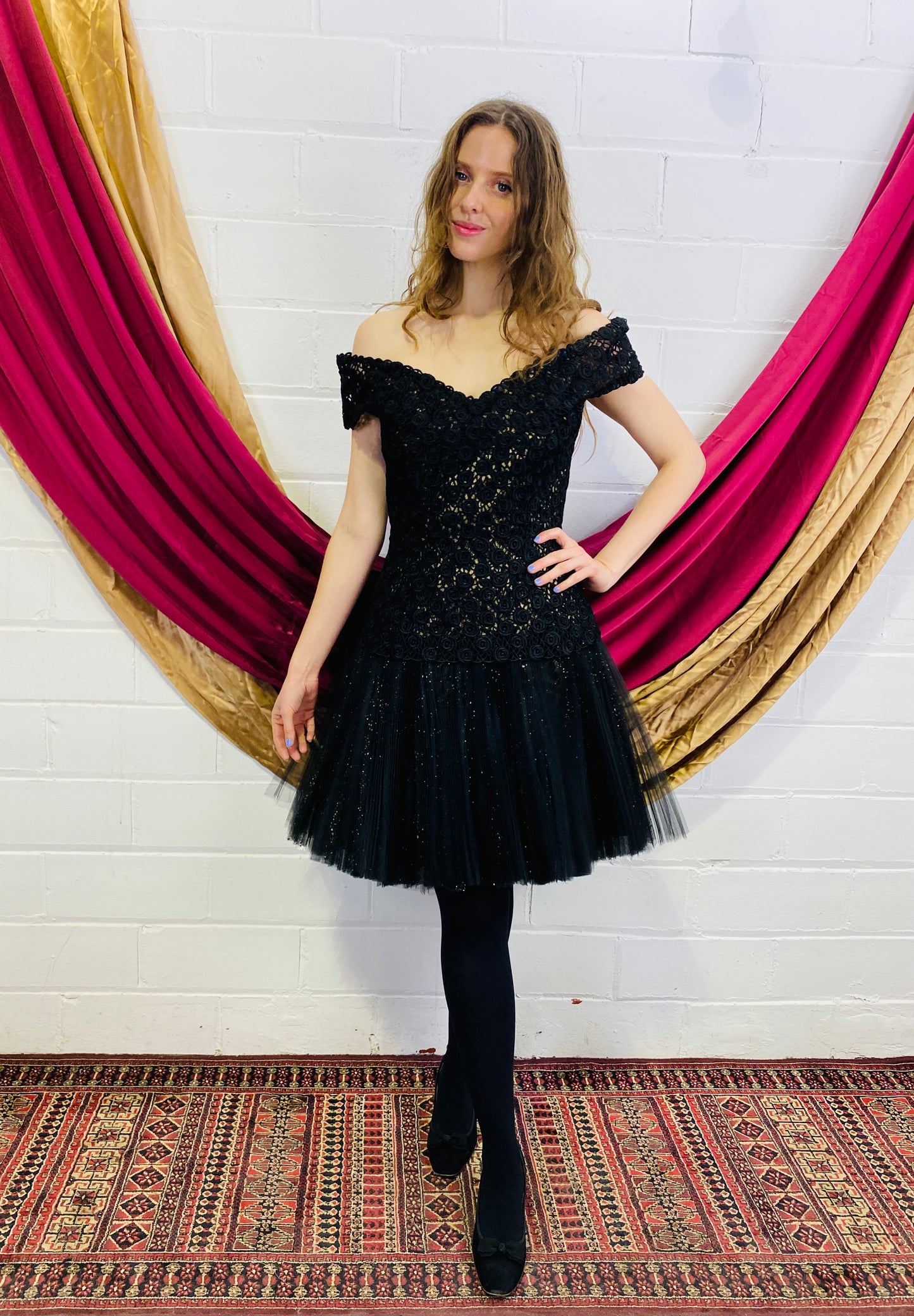 Vintage 1980s Black Pleated Tulle Drop-Waist Party Dress with Rose Lace Bodice, Small