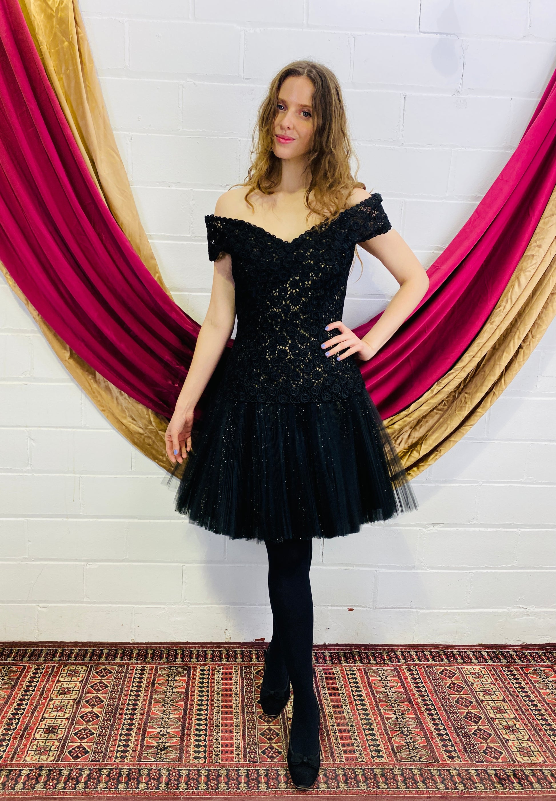 Vintage 1980s Black Pleated Tulle Drop-Waist Party Dress with Rose Lace Bodice, Small Vintage 1980s Black Pleated Tulle Drop-Waist Party Dress with Rose Lace Bodice, Small