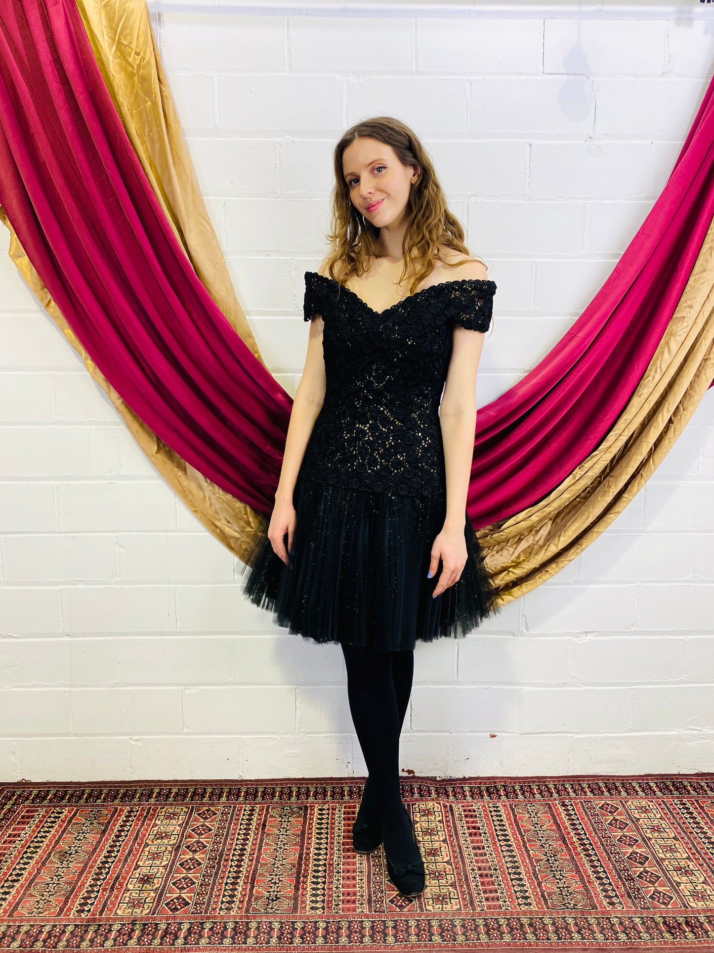 Vintage 1980s Black Pleated Tulle Drop-Waist Party Dress with Rose Lac Ian Drummond Vintage Vintage 1980s Black Pleated Tulle Drop-Waist Party Dress with Rose Lac Ian Drummond Vintage