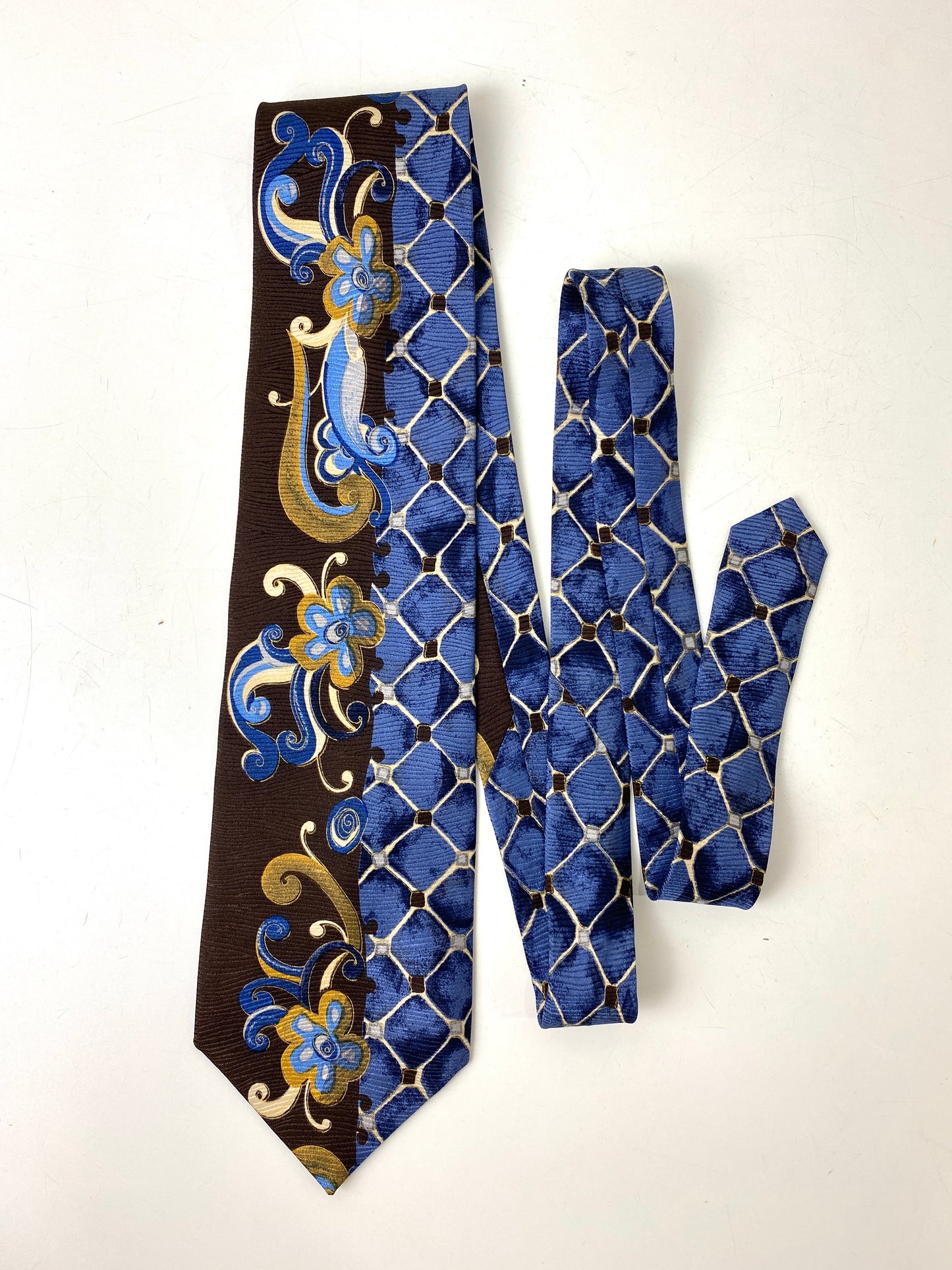Front of: 90s Deadstock Silk Necktie, Men's Vintage Blue/ Brown/ Gold Oriental Print Tie, NOS
