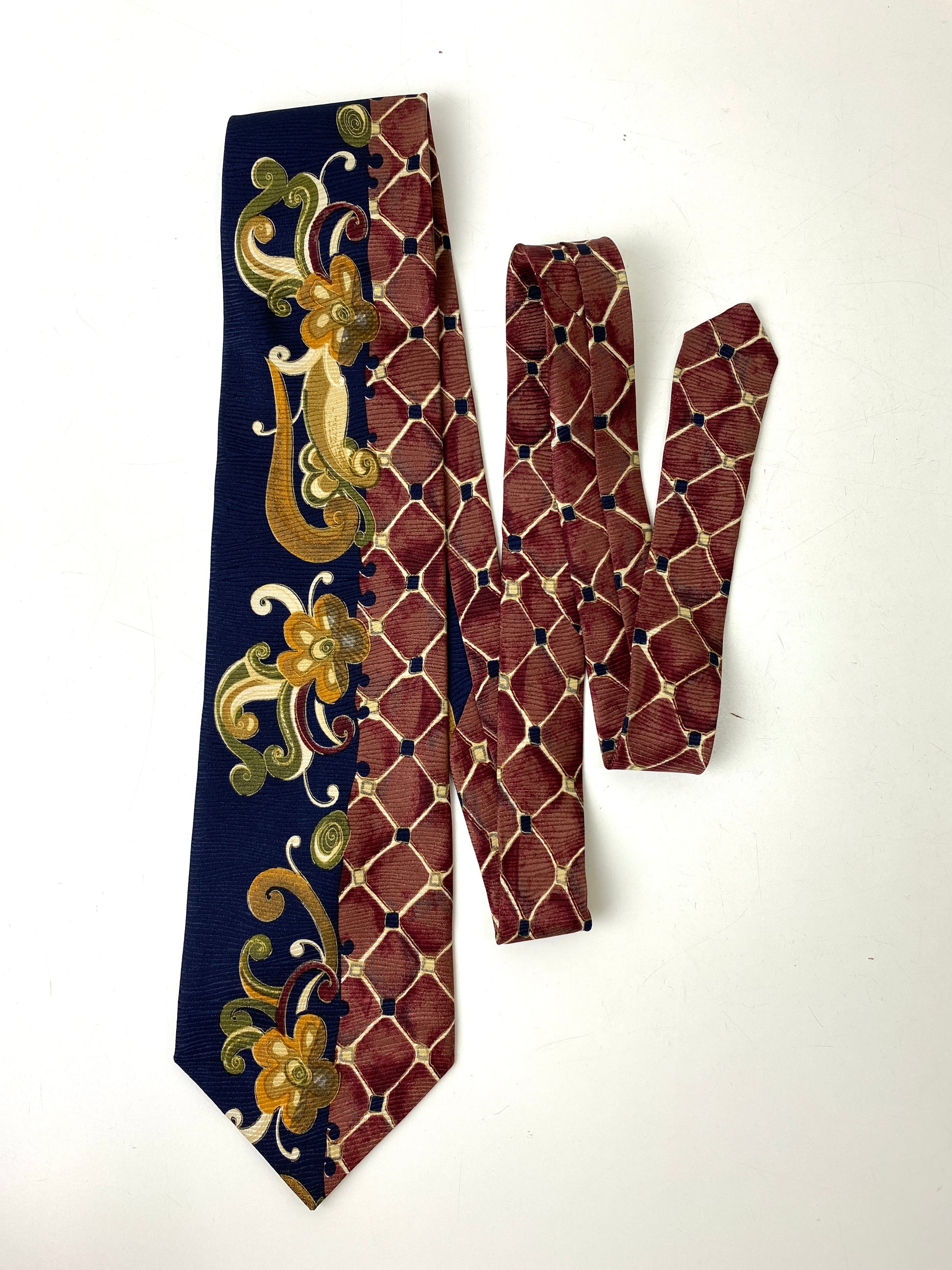 Front of: 90s Deadstock Silk Necktie, Men's Vintage Navy/ Wine/ Gold Oriental Print Tie, NOS