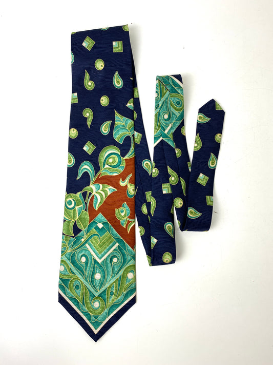 Front of: 90s Deadstock Silk Necktie, Men's Vintage Navy/ Green/ Brown Oriental Paisley Print Tie, NOS