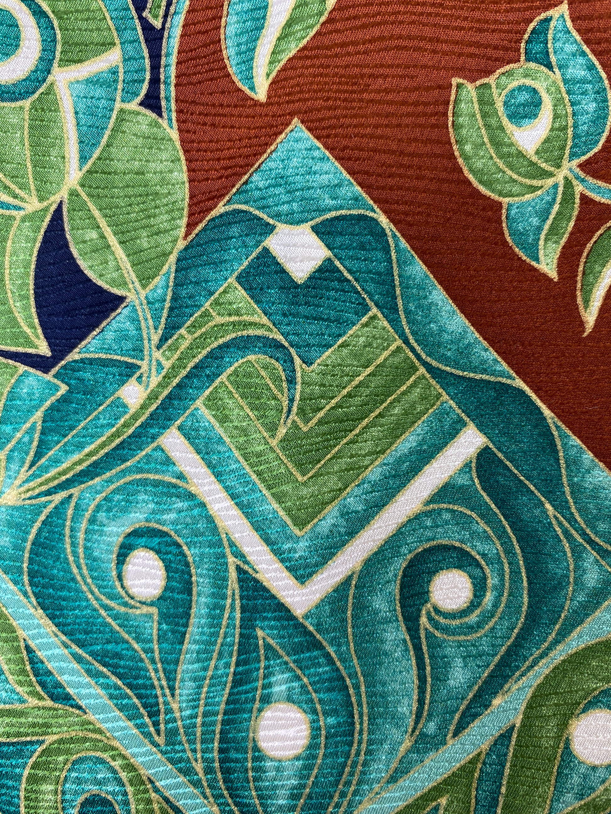Close-up of: 90s Deadstock Silk Necktie, Men's Vintage Navy/ Green/ Brown Oriental Paisley Print Tie, NOS