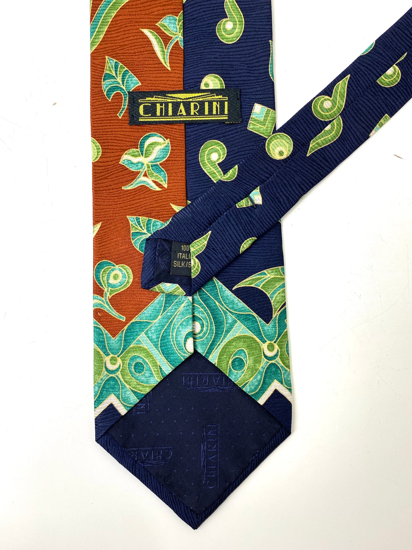 Back and labels of: 90s Deadstock Silk Necktie, Men's Vintage Navy/ Green/ Brown Oriental Paisley Print Tie, NOS