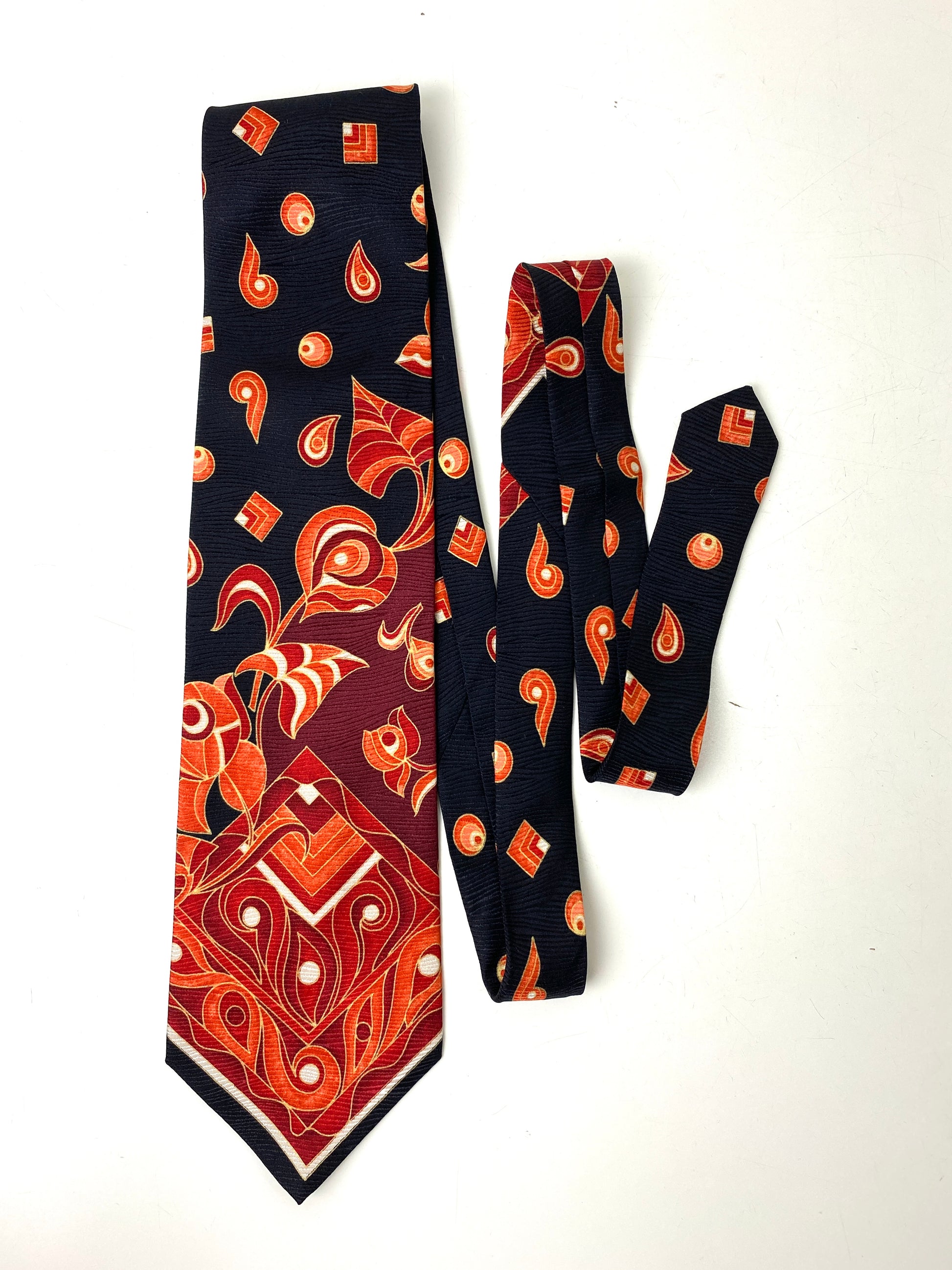Front of: 90s Deadstock Silk Necktie, Men's Vintage Black/ Red/ Orange Oriental Paisley Print Tie, NOS