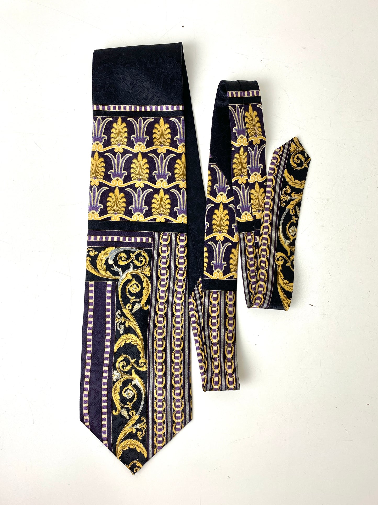 Front of: 90s Deadstock Silk Necktie, Men's Vintage Black/ Purple/ Gold Art Nouveau Print Tie, NOS