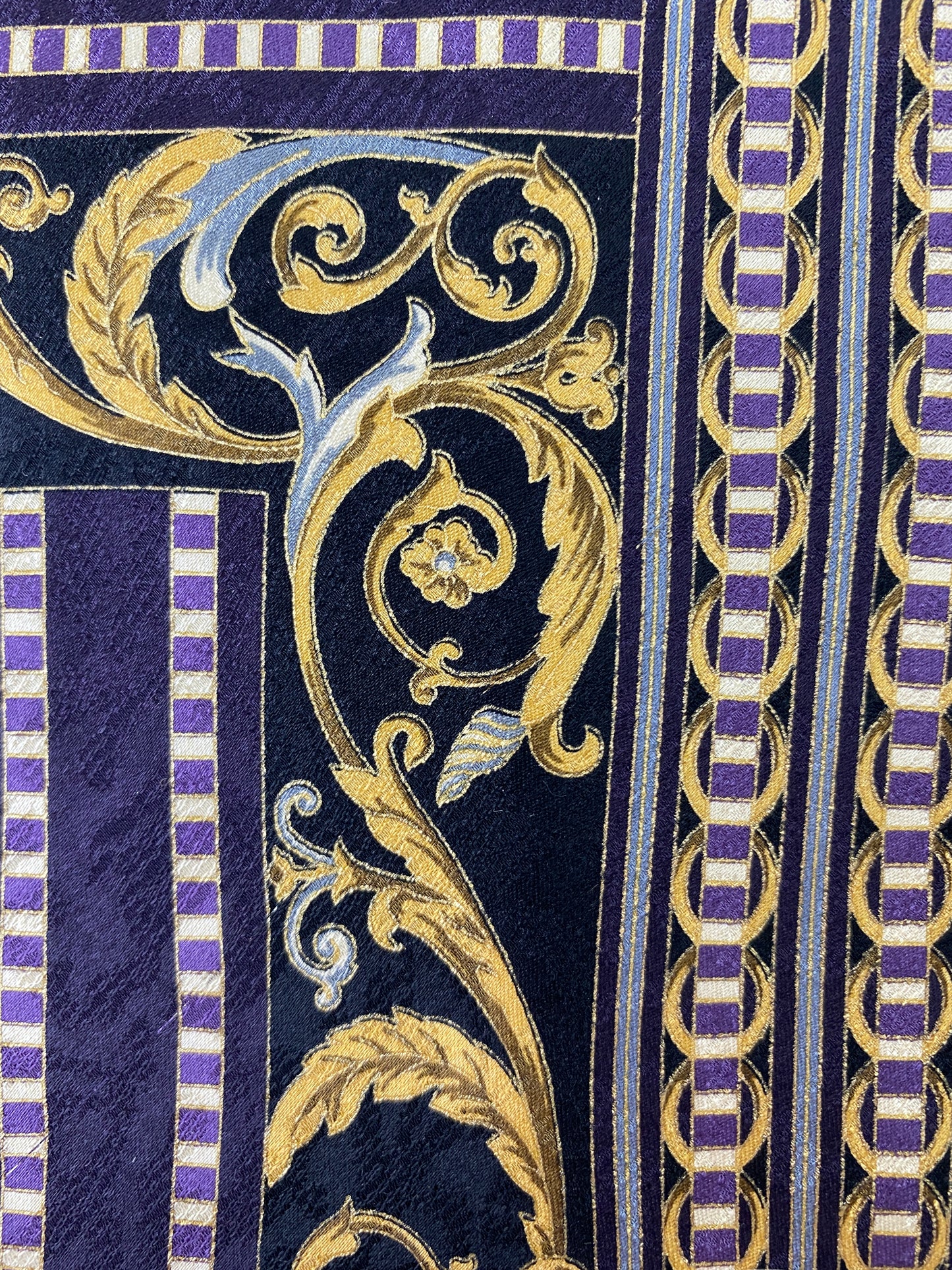 Close-up of: 90s Deadstock Silk Necktie, Men's Vintage Black/ Purple/ Gold Art Nouveau Print Tie, NOS