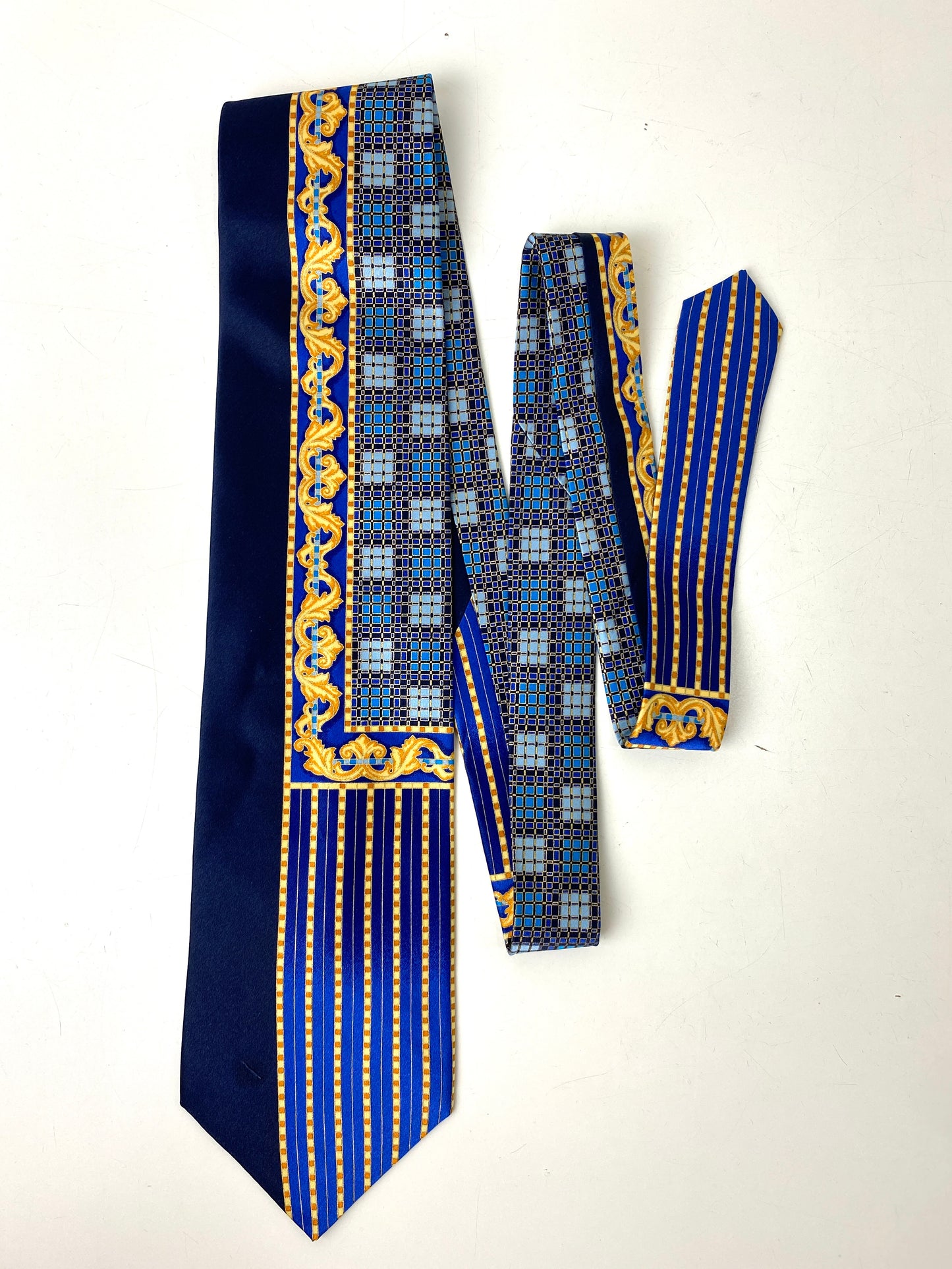 Front of: 90s Deadstock Silk Necktie, Men's Vintage Navy/ Blue/ Gold Art Nouveau Print Tie, NOS