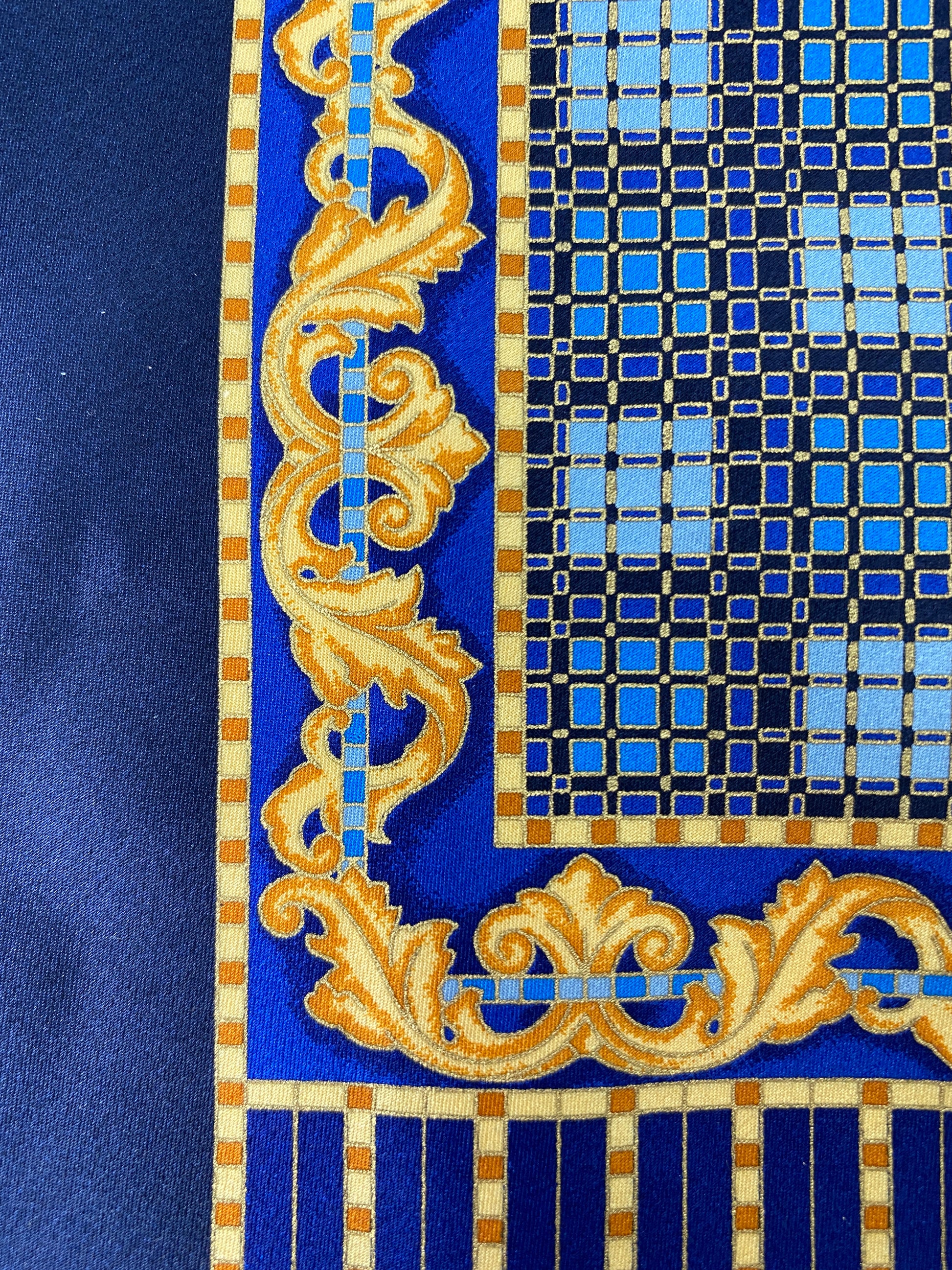 Close-up of: 90s Deadstock Silk Necktie, Men's Vintage Navy/ Blue/ Gold Art Nouveau Print Tie, NOS