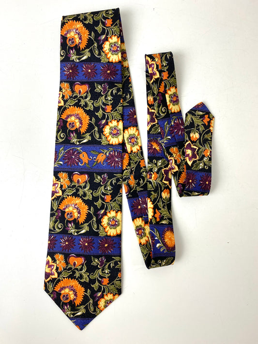 Front of: 90s Deadstock Necktie, Men's Vintage Black/ Purple/ Orange Floral Print Tie, NOS