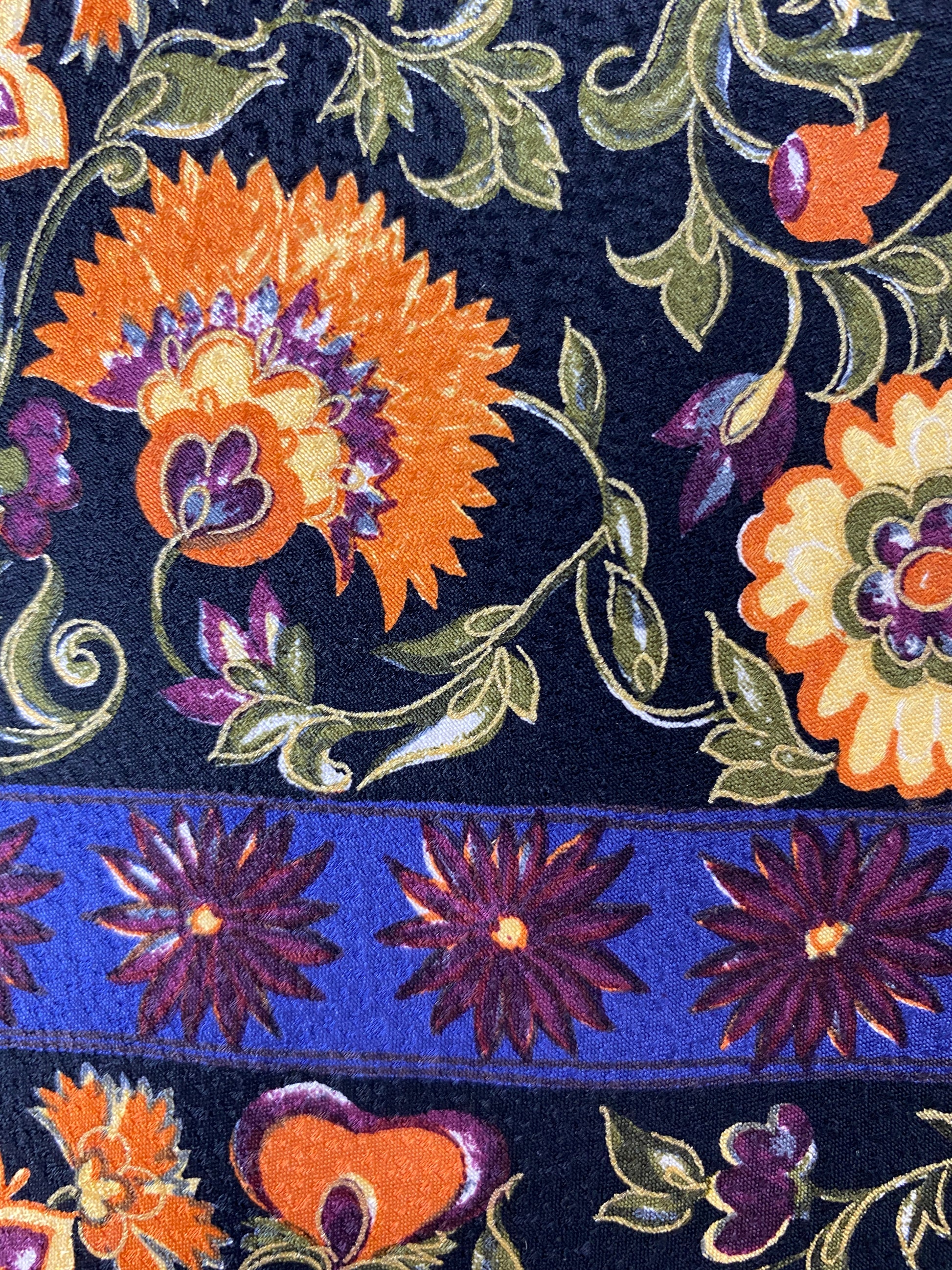 Close-up of: 90s Deadstock Necktie, Men's Vintage Black/ Purple/ Orange Floral Print Tie, NOS