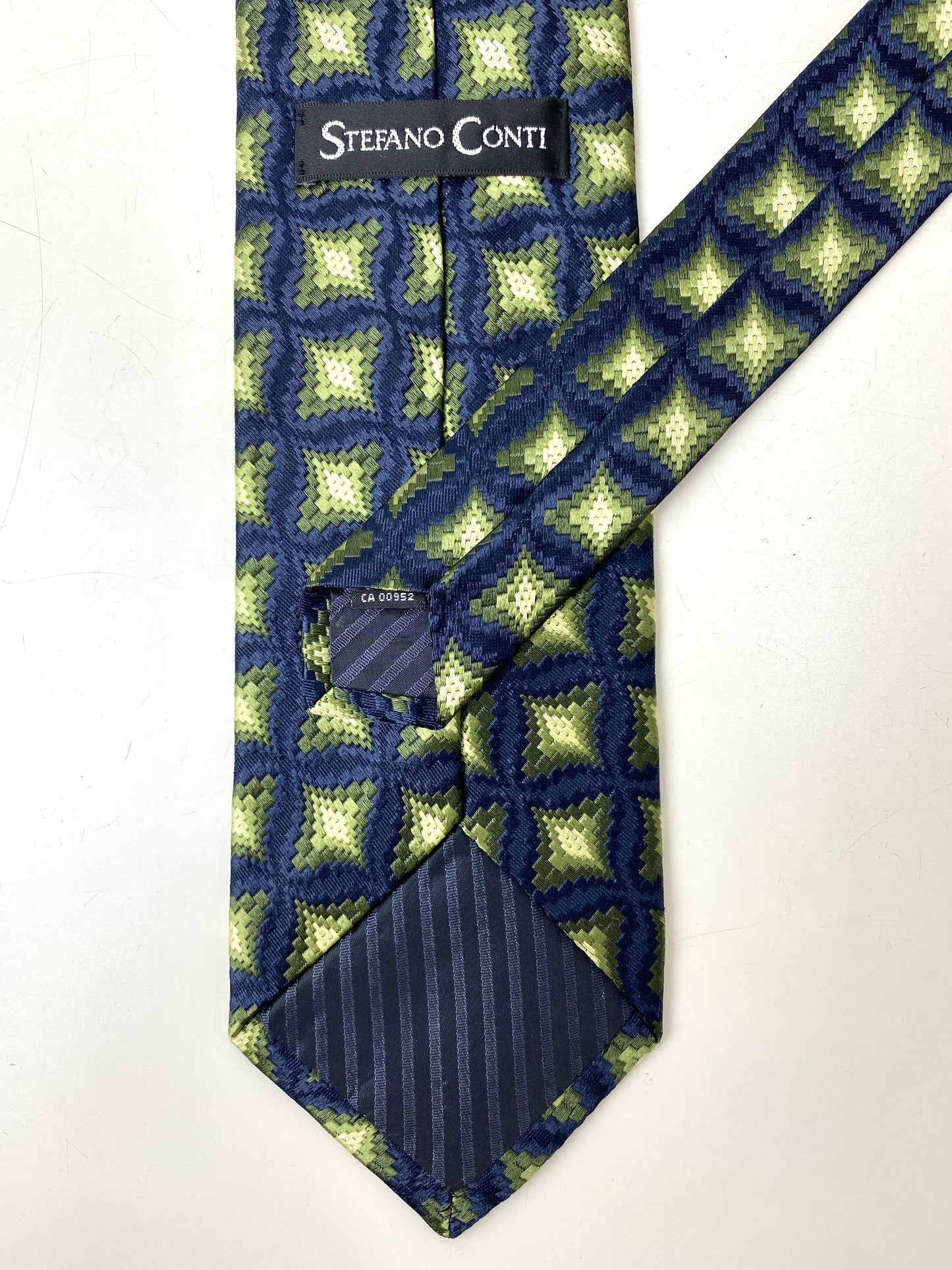 Back and labels of: 90s Deadstock Silk Necktie, Men's Vintage Green/ Navy Geometric Check Pattern Tie, NOS
