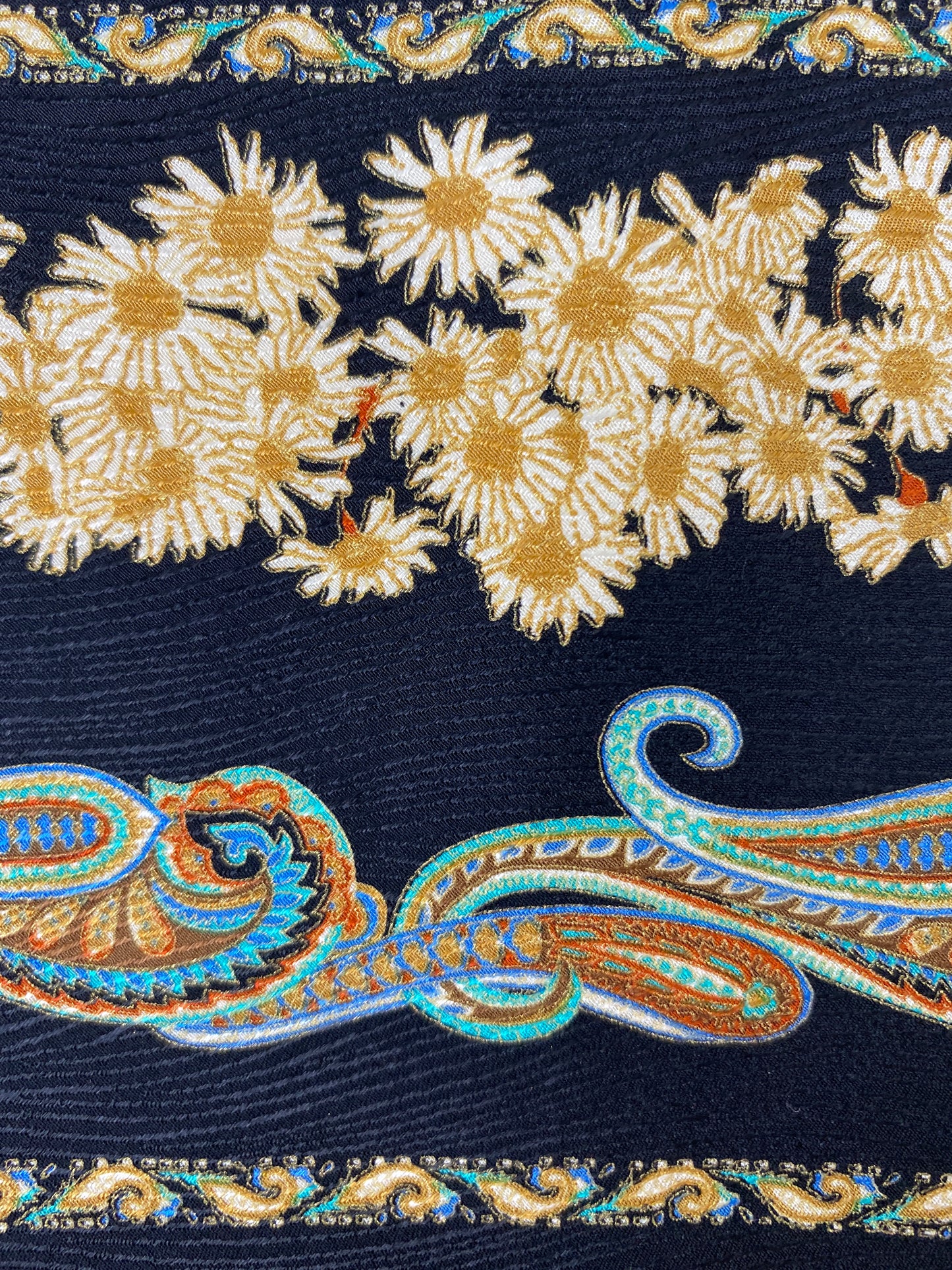 Close-up of: 90s Deadstock Silk Necktie, Men's Vintage Gold/Black Paisley Floral Pattern Tie, NOS