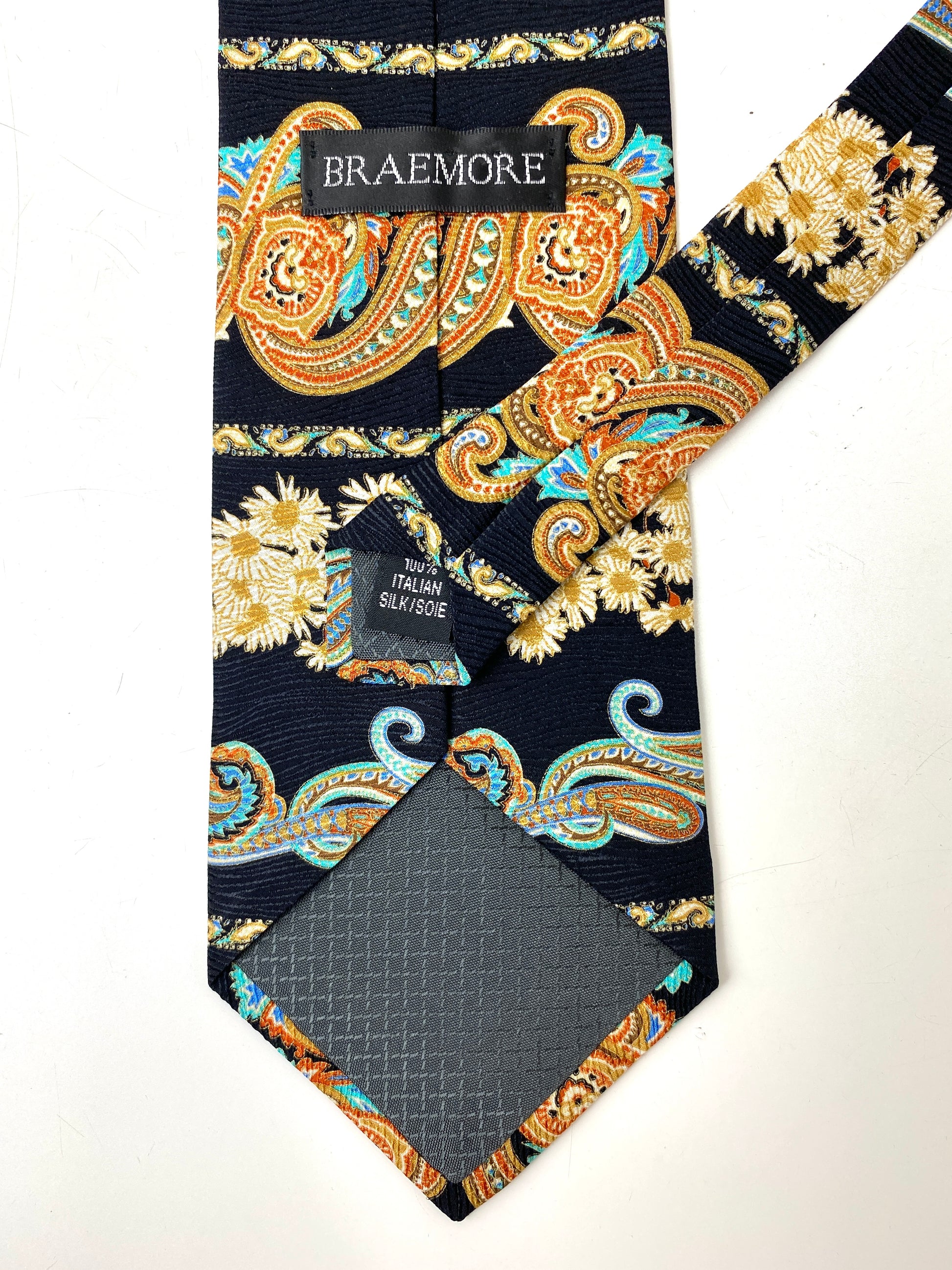 Back and labels of: 90s Deadstock Silk Necktie, Men's Vintage Gold/Black Paisley Floral Pattern Tie, NOS